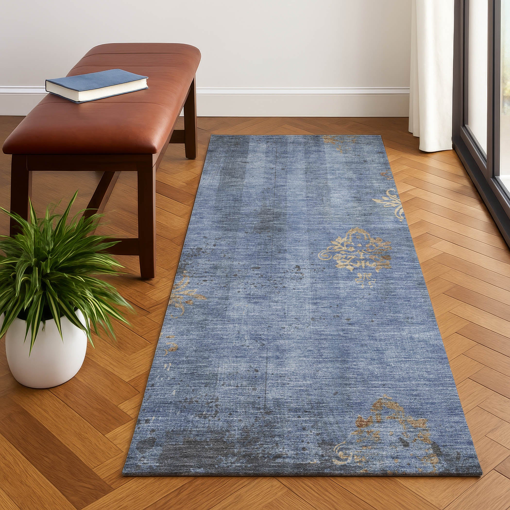 Queenstown Machine Washable Transitional Denim Blue Rug 2'3" x 7'6" #shape_Runner