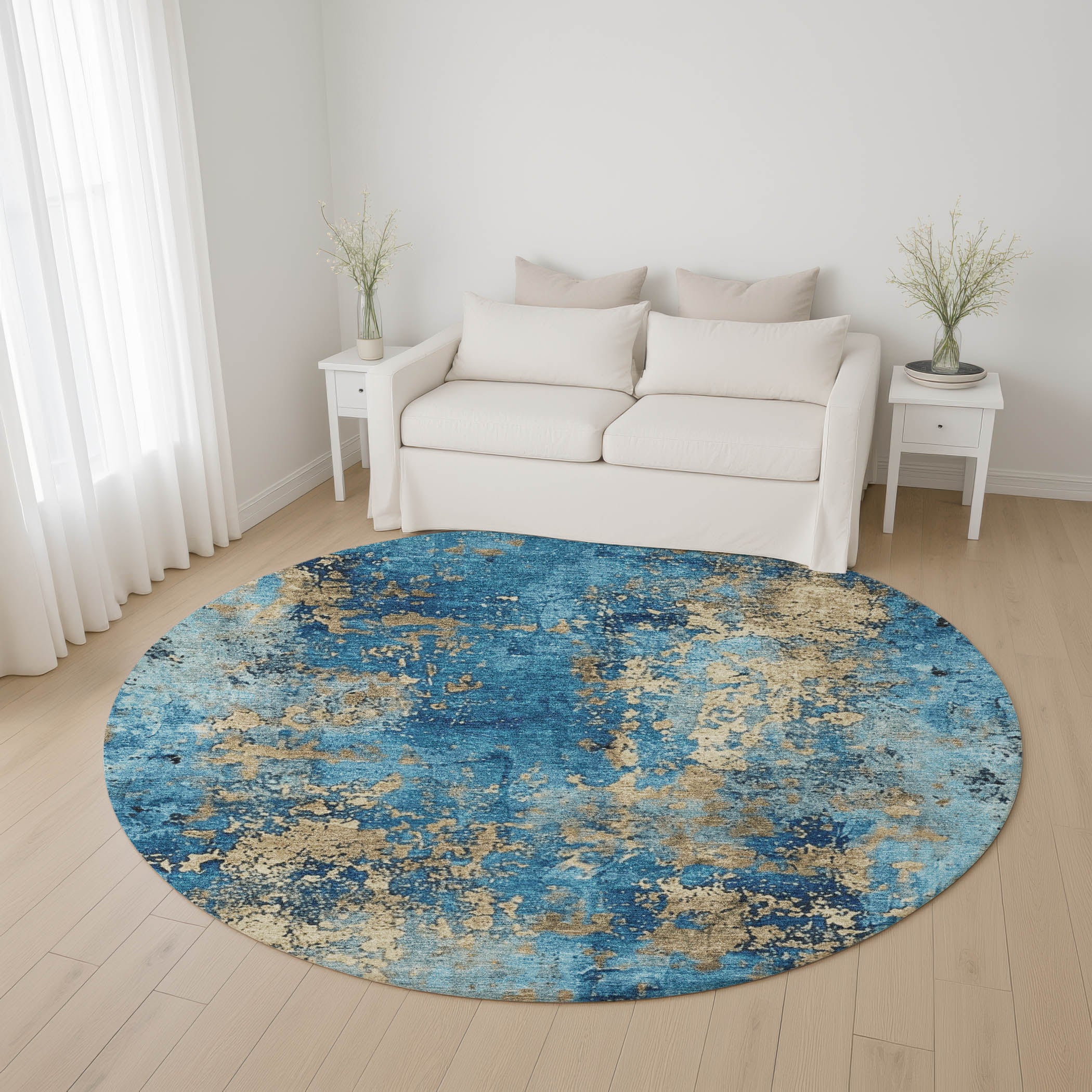 Salzburg Machine Washable Transitional Blue Rug 8' x 8' #shape_Round