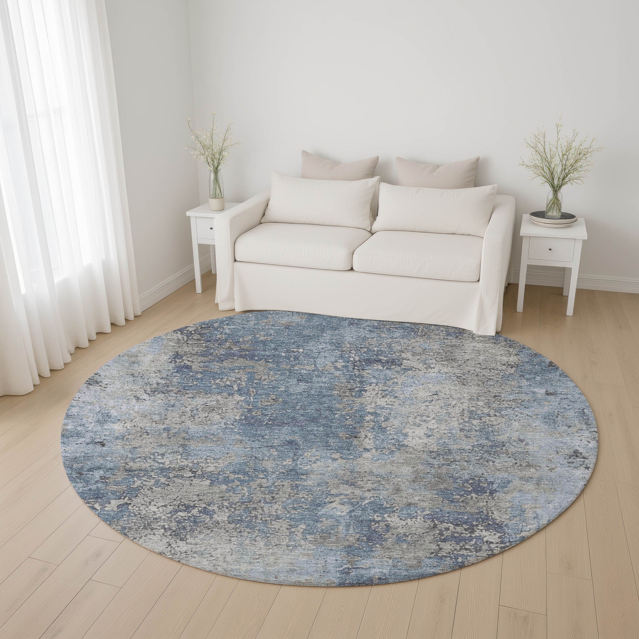 Salzburg Machine Washable Transitional Denim Blue Rug 8' x 8' #shape_Round