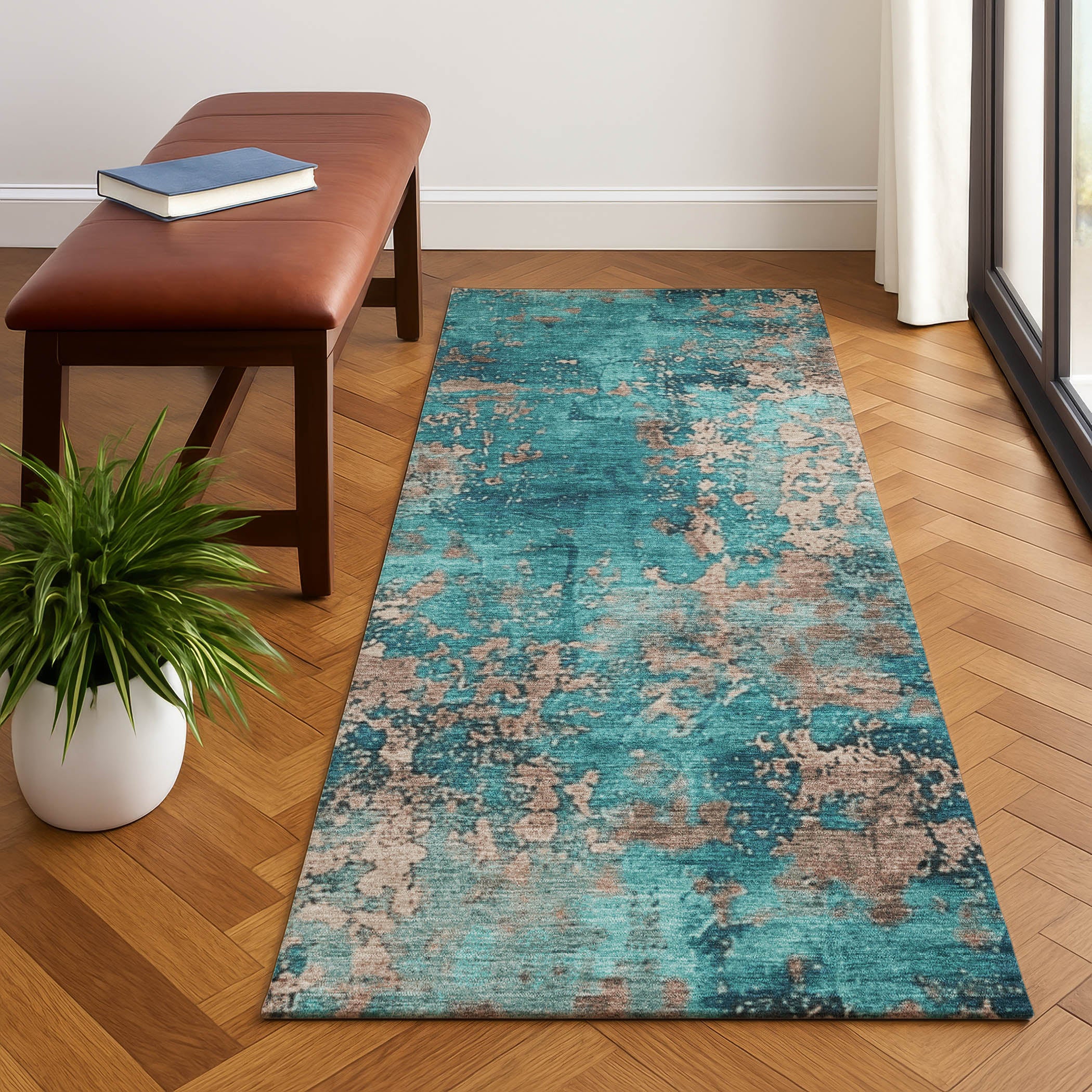 Salzburg Machine Washable Transitional Teal Rug 2'3" x 7'6" #shape_Runner