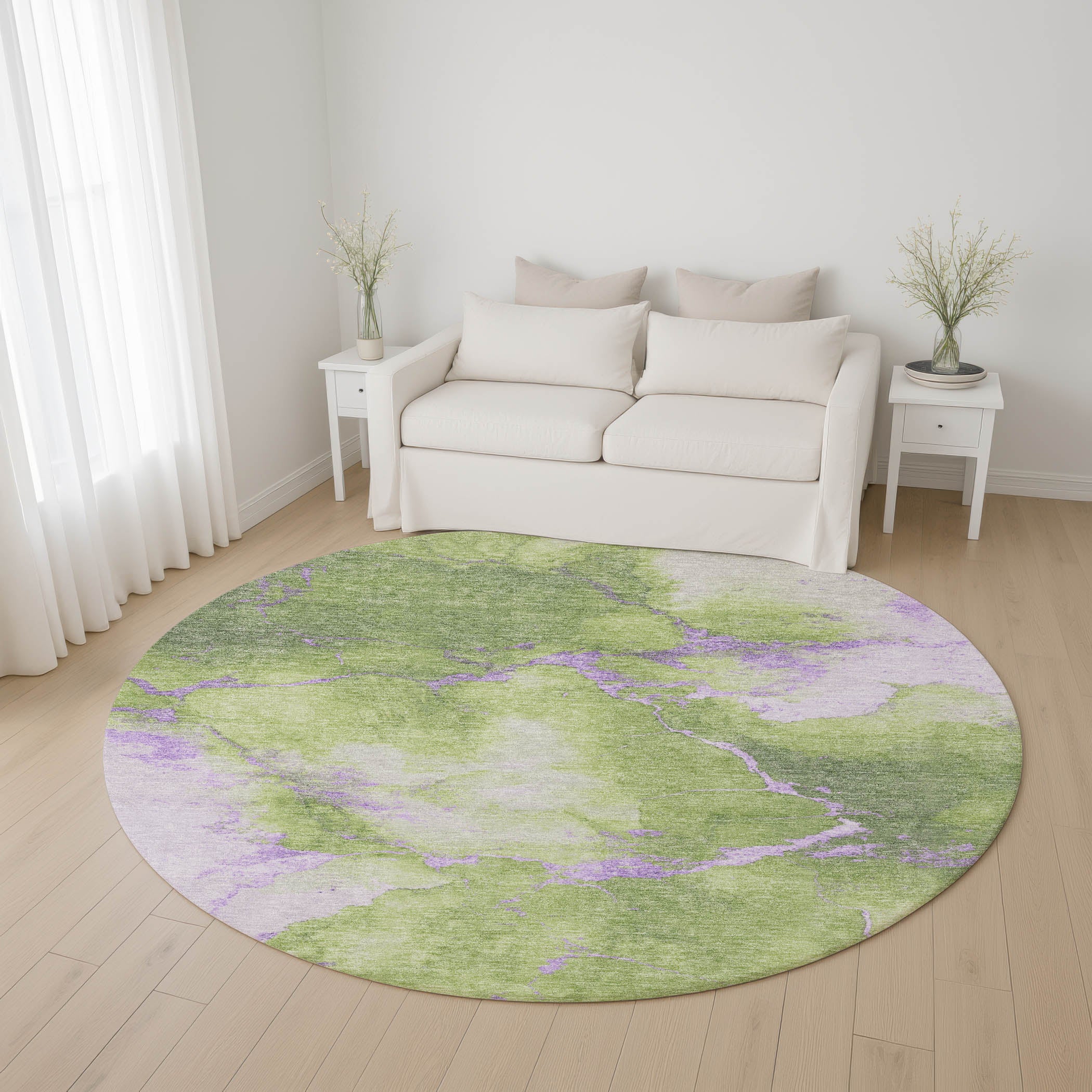 Athens Machine Washable Transitional Aloe Green Rug 8' x 8' #shape_Round