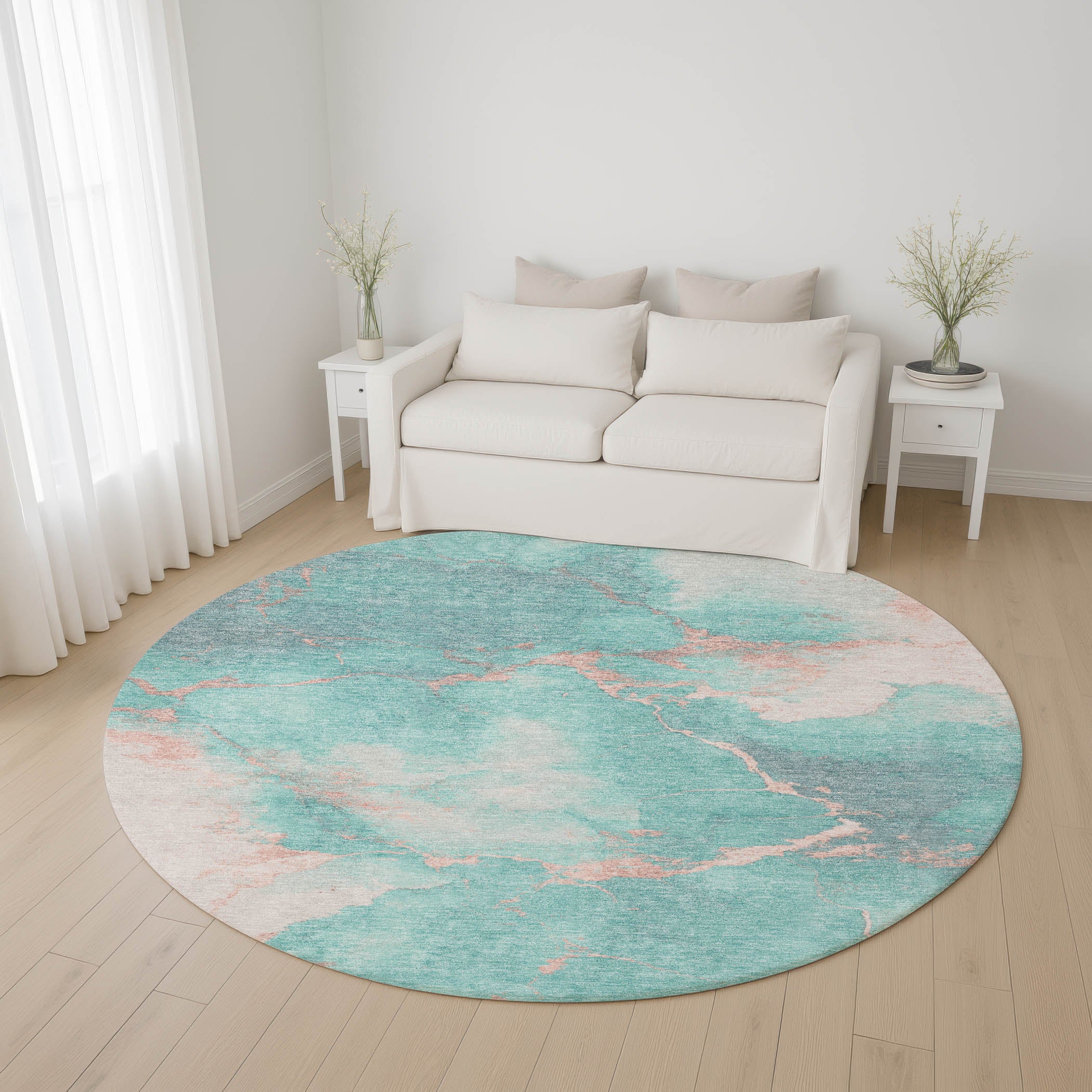 Athens Machine Washable Transitional Teal Rug 8' x 8' #shape_Round