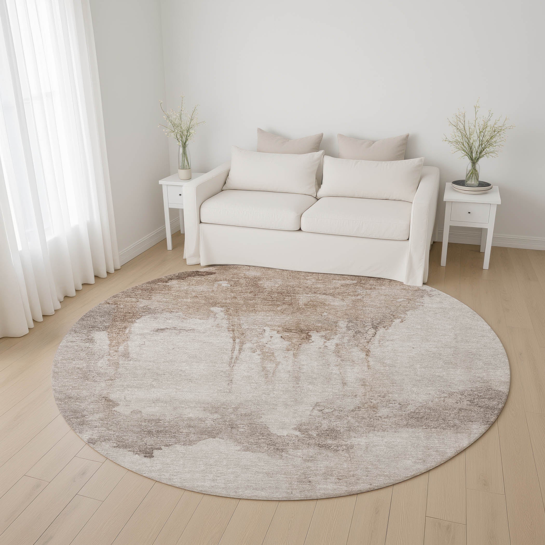 Florence Machine Washable Transitional Taupe Brown Rug 8' x 8' #shape_Round
