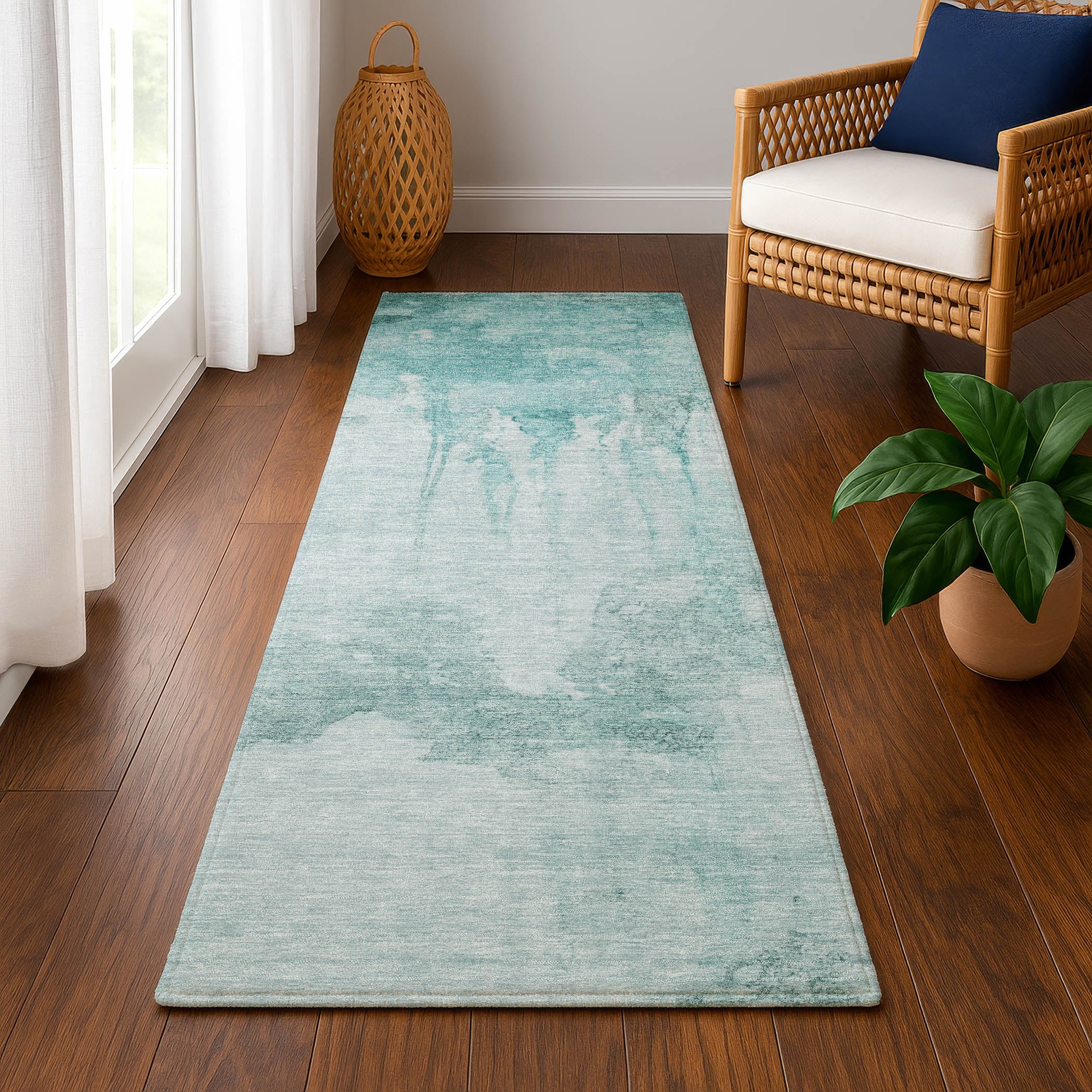 Florence Machine Washable Transitional Teal Rug 2'3" x 7'6" #shape_Runner