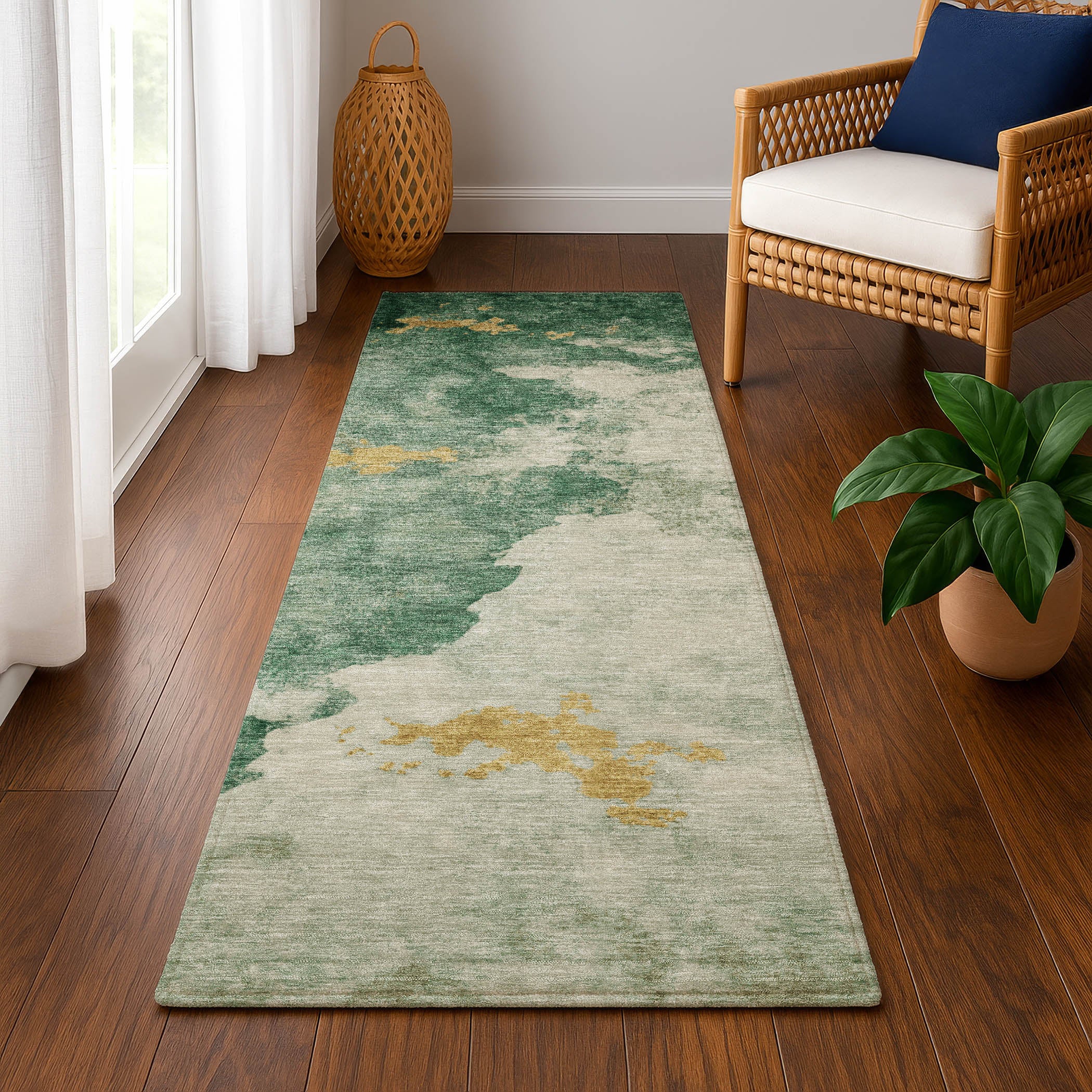 Kyoto Machine Washable Transitional Emerald Green Rug 2'3" x 7'6" #shape_Runner