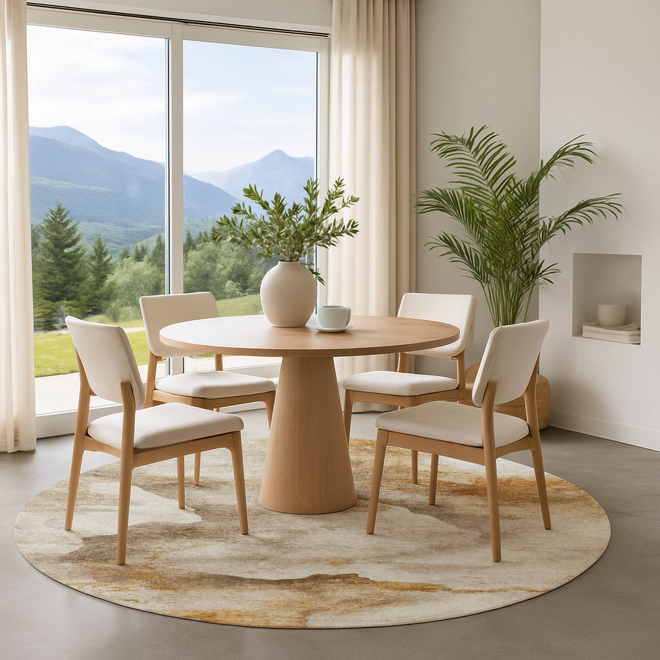 Siena Machine Washable Transitional Beige Brown Rug 8' x 8' #shape_Round