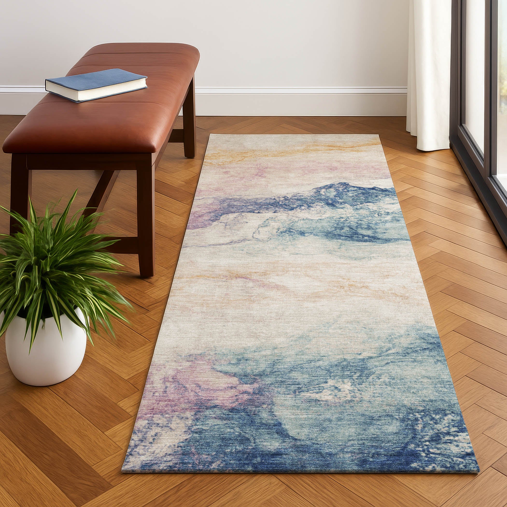 Santorini Machine Washable Transitional Pearl Ivory Rug 2'3" x 7'6" #shape_Runner