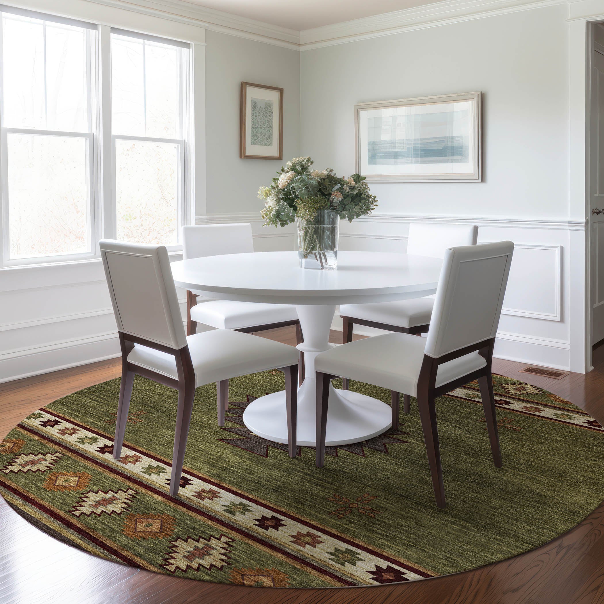 Siena Machine Washable Southwest Green Rug 8' x 8' #shape_Round