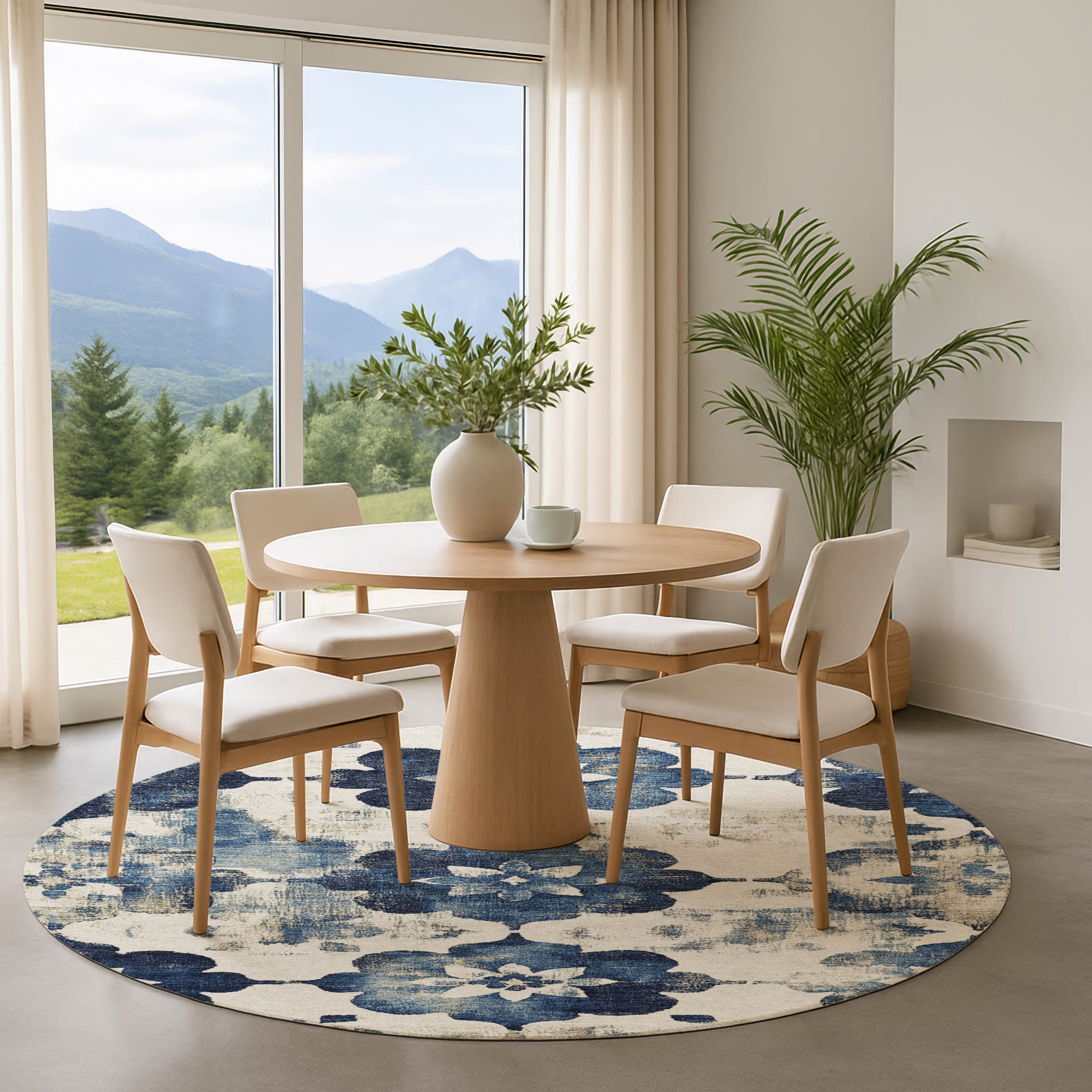 Ghent Machine Washable Transitional Navy Blue Rug 8' x 8' #shape_Round