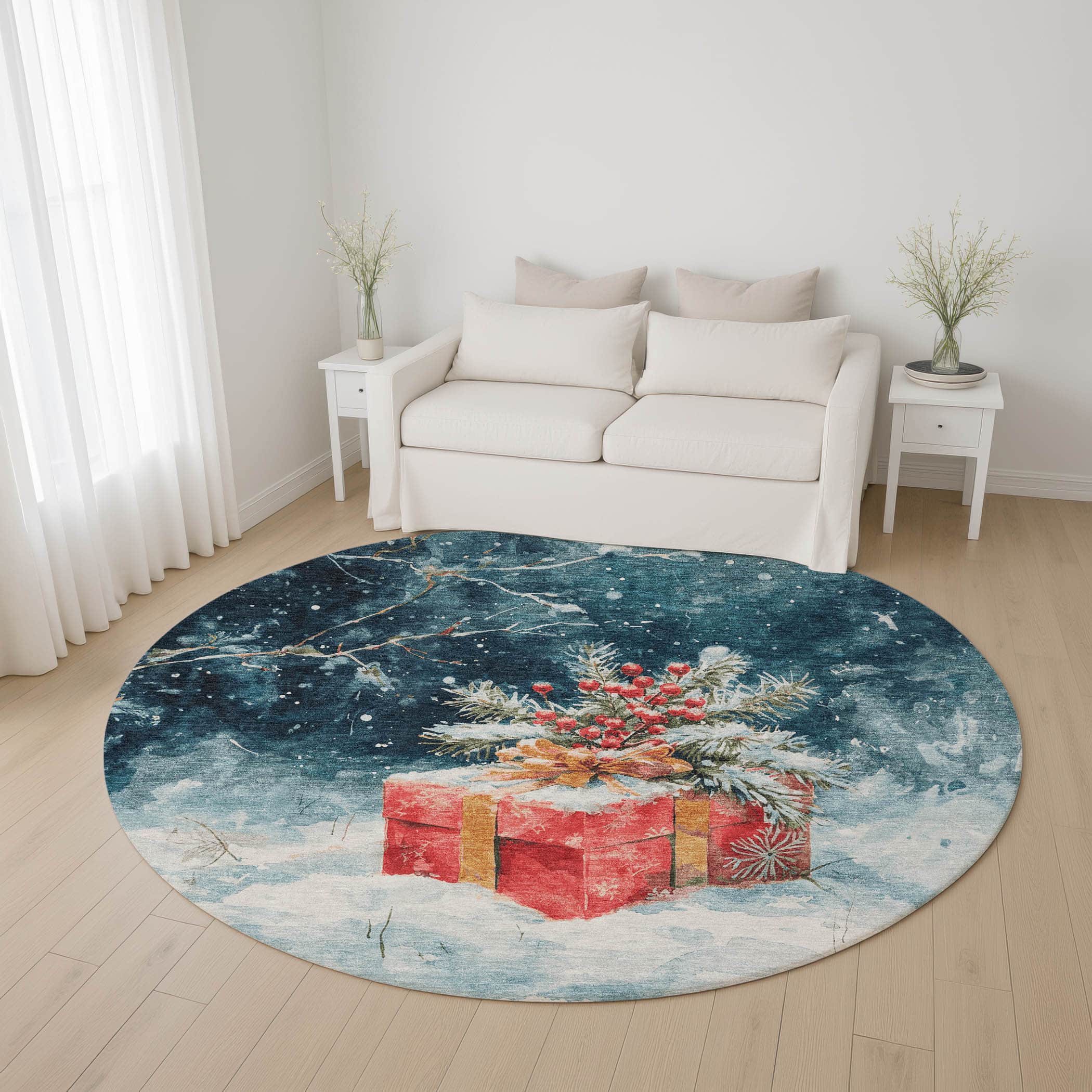 Kathmandu Machine Washable Transitional Blue Rug 8' x 8' #shape_Round