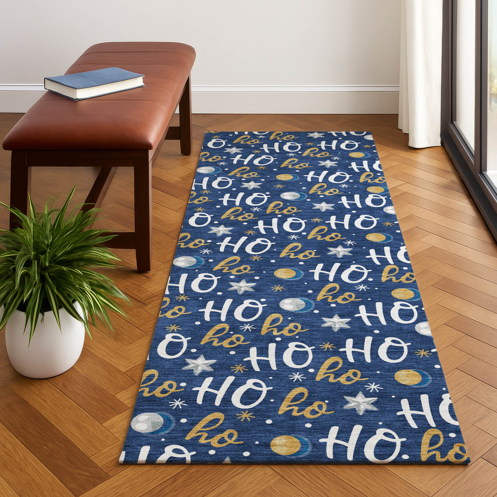 Hoi An Machine Washable Transitional Navy Blue Rug 2'3" x 7'6" #shape_Runner