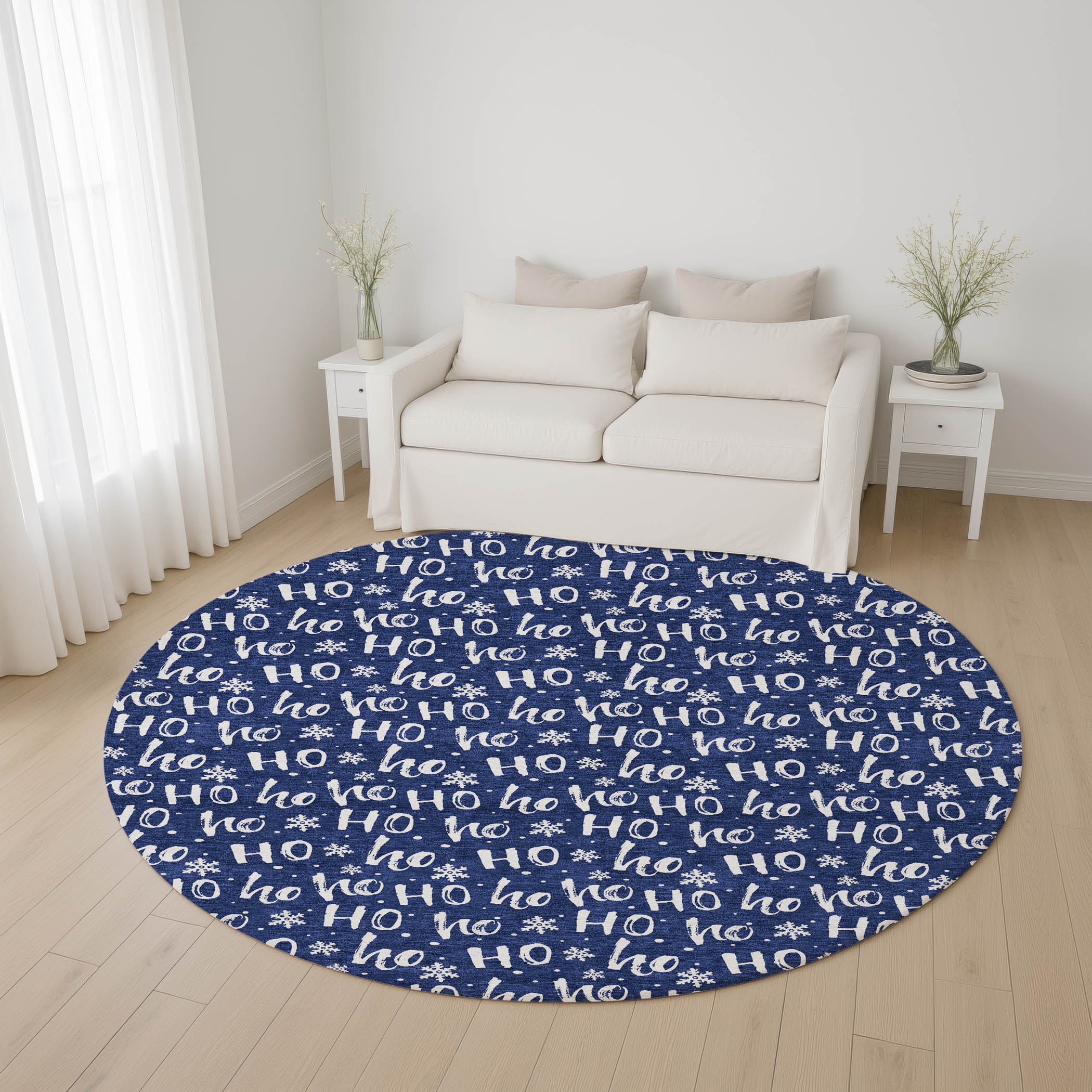 Queenstown Machine Washable Transitional Navy Blue Rug 8' x 8' #shape_Round