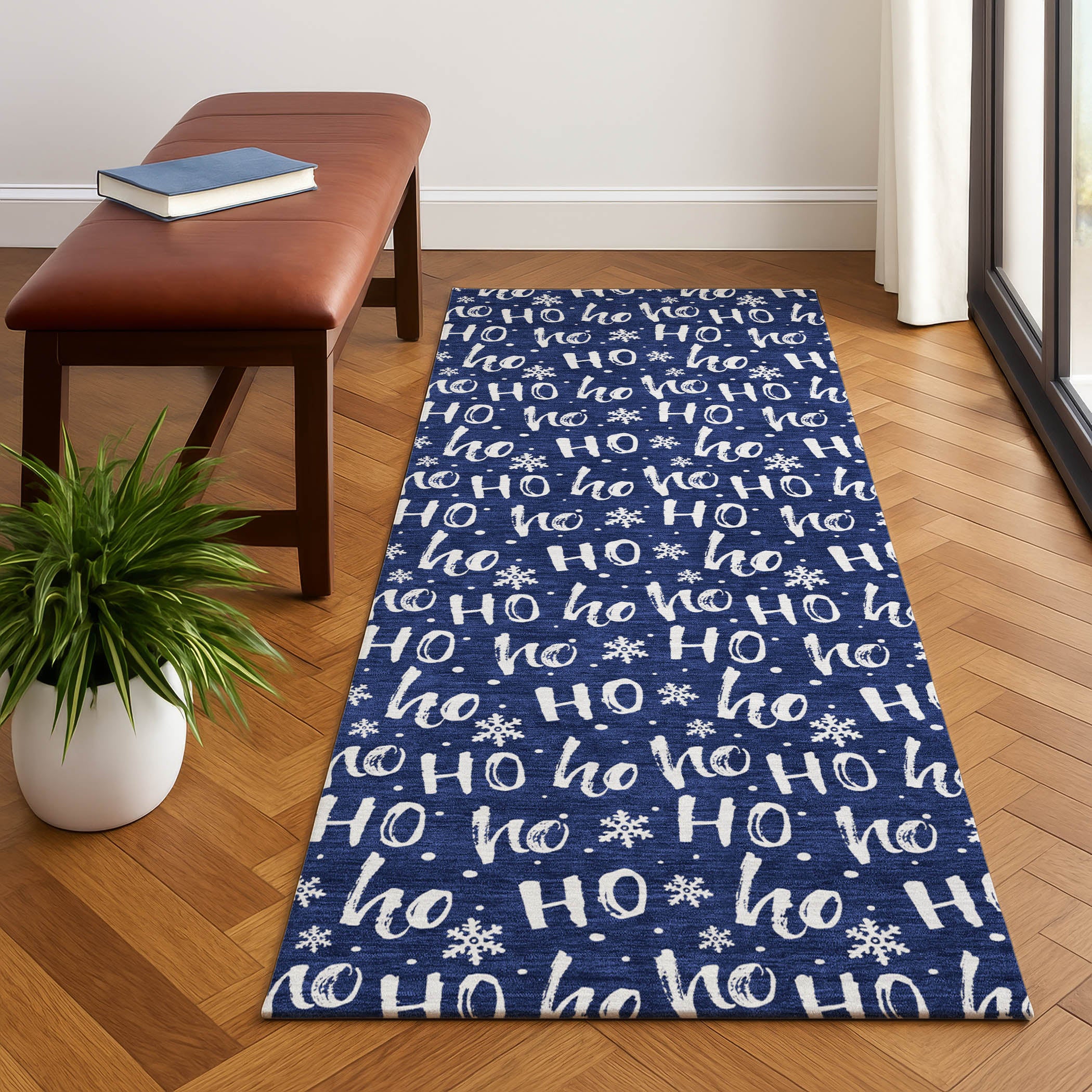 Queenstown Machine Washable Transitional Navy Blue Rug 2'3" x 7'6" #shape_Runner