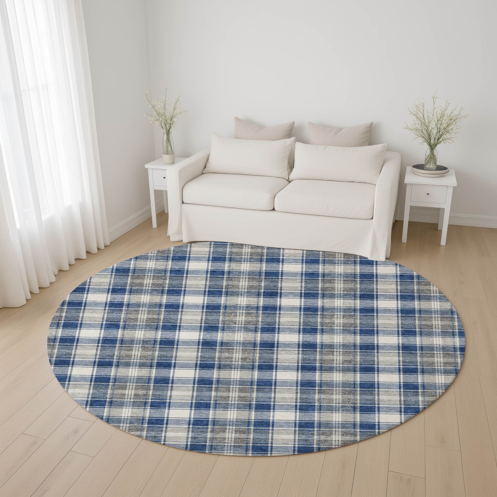 Bogota Machine Washable Transitional Navy Blue Rug 8' x 8' #shape_Round