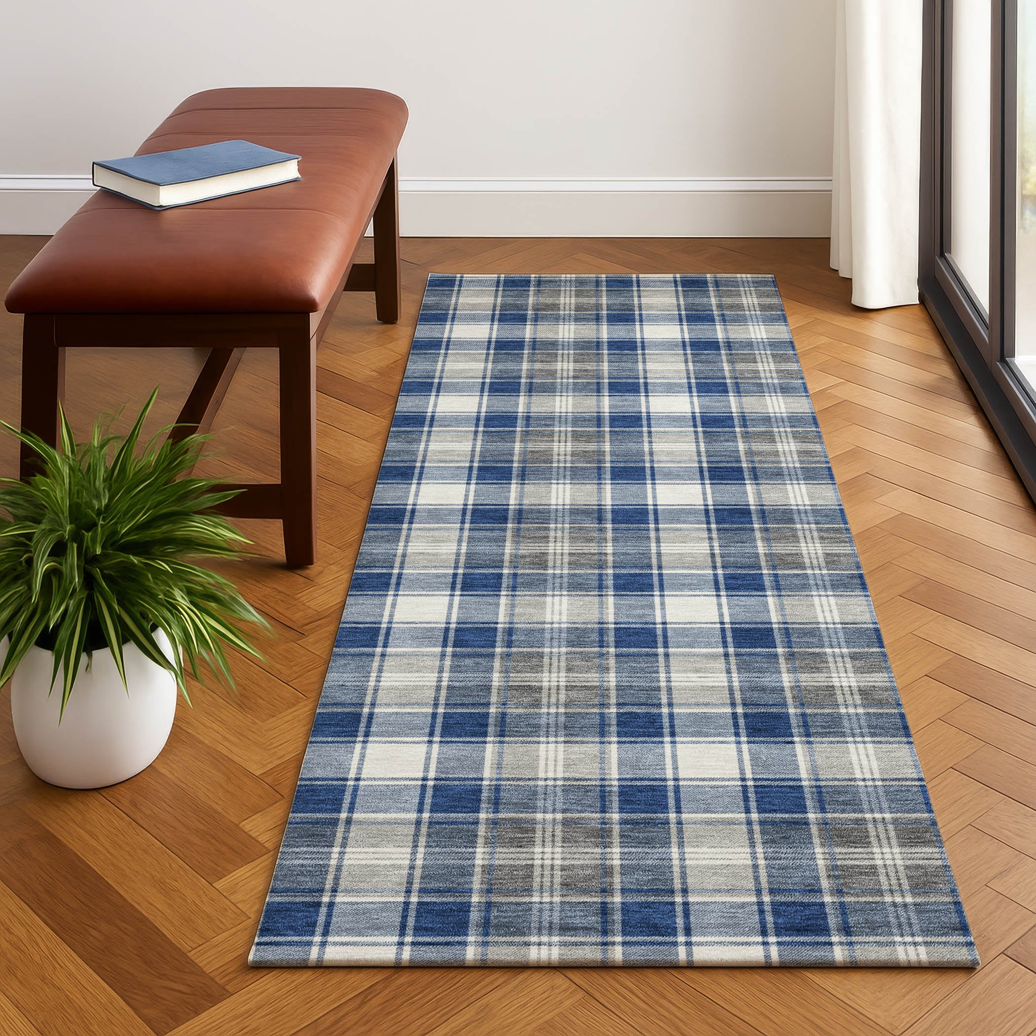 Bogota Machine Washable Transitional Navy Blue Rug 2'3" x 7'6" #shape_Runner