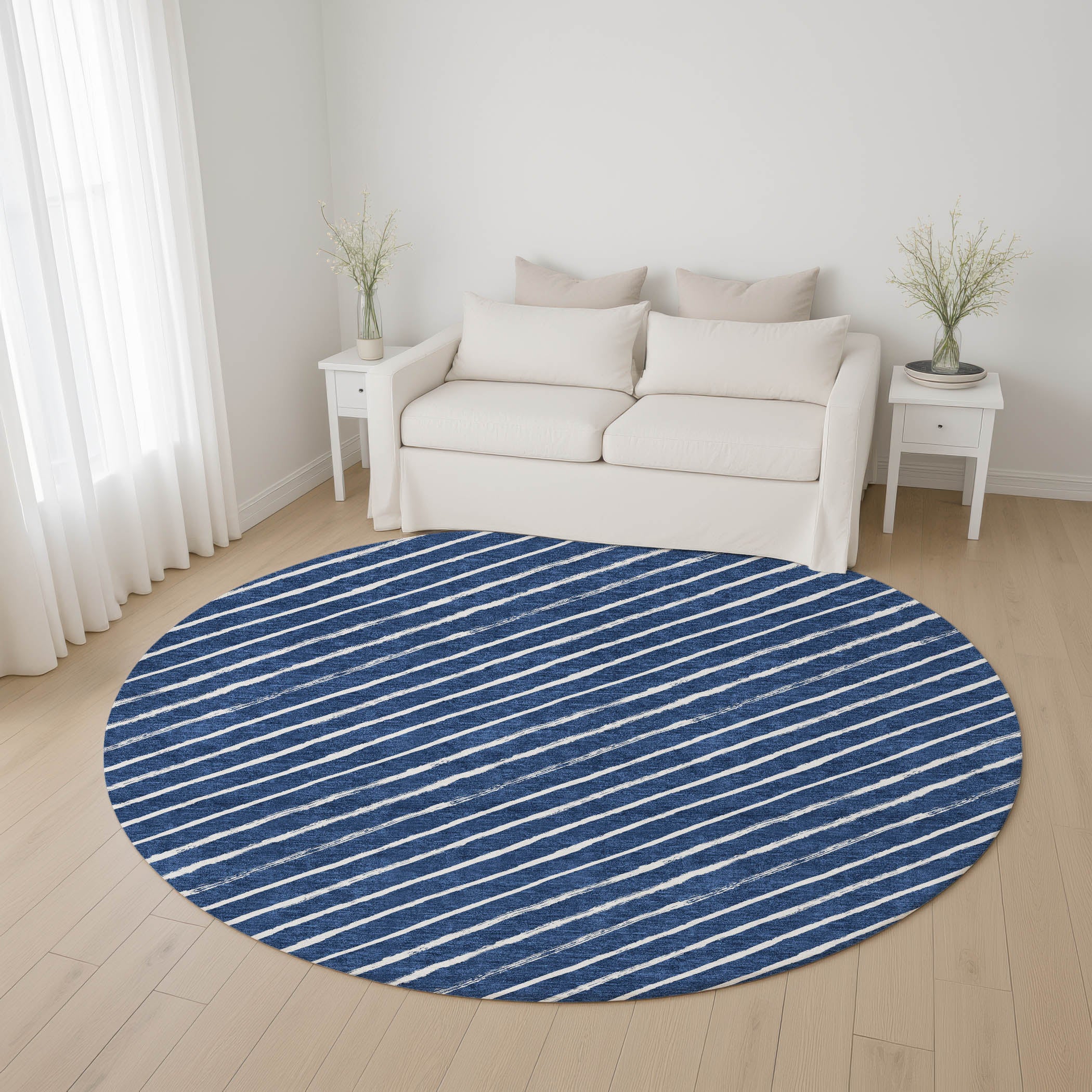 Reykjavik Machine Washable Transitional Navy Blue Rug 8' x 8' #shape_Round