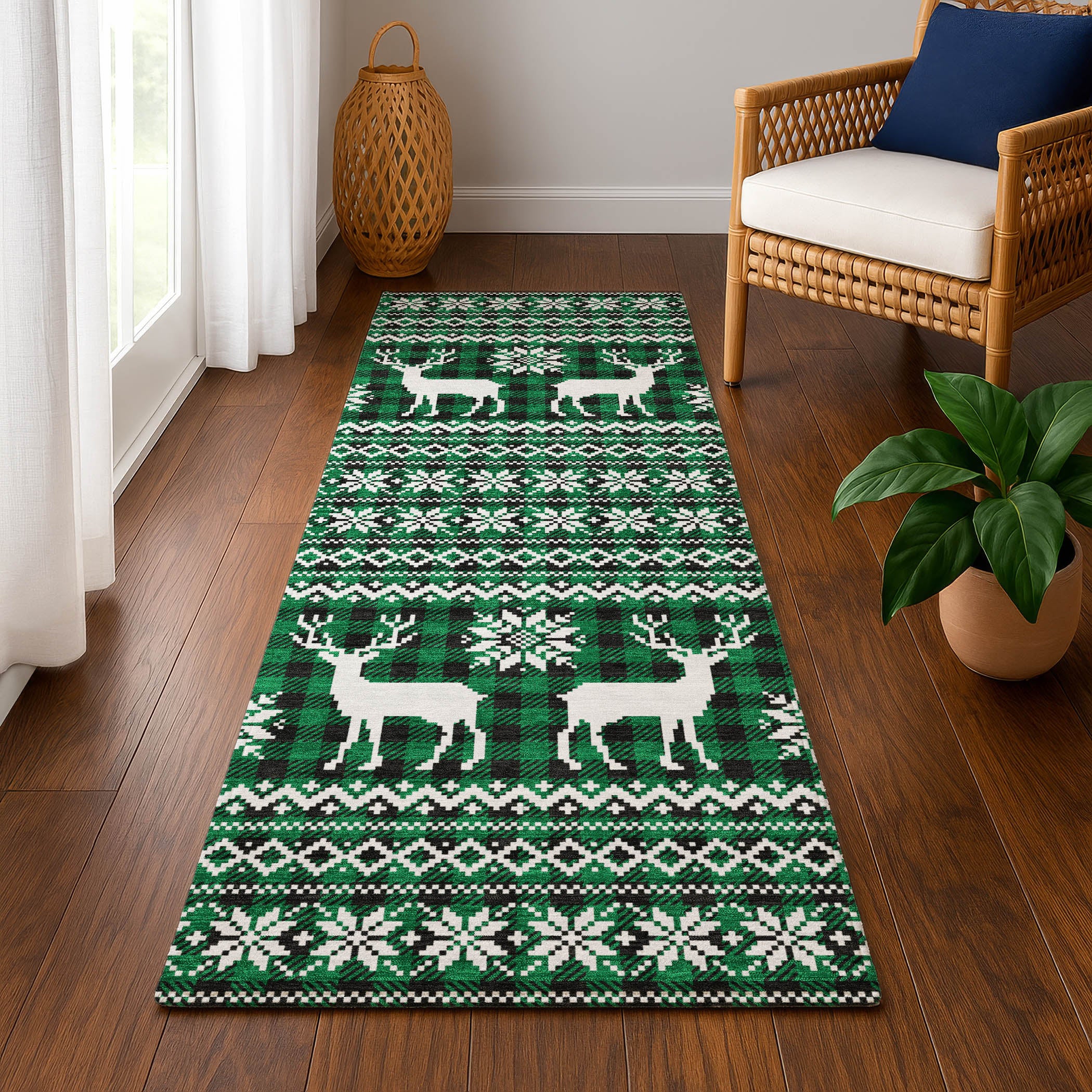 Baku Machine Washable Transitional Green Rug 2'3" x 7'6" #shape_Runner
