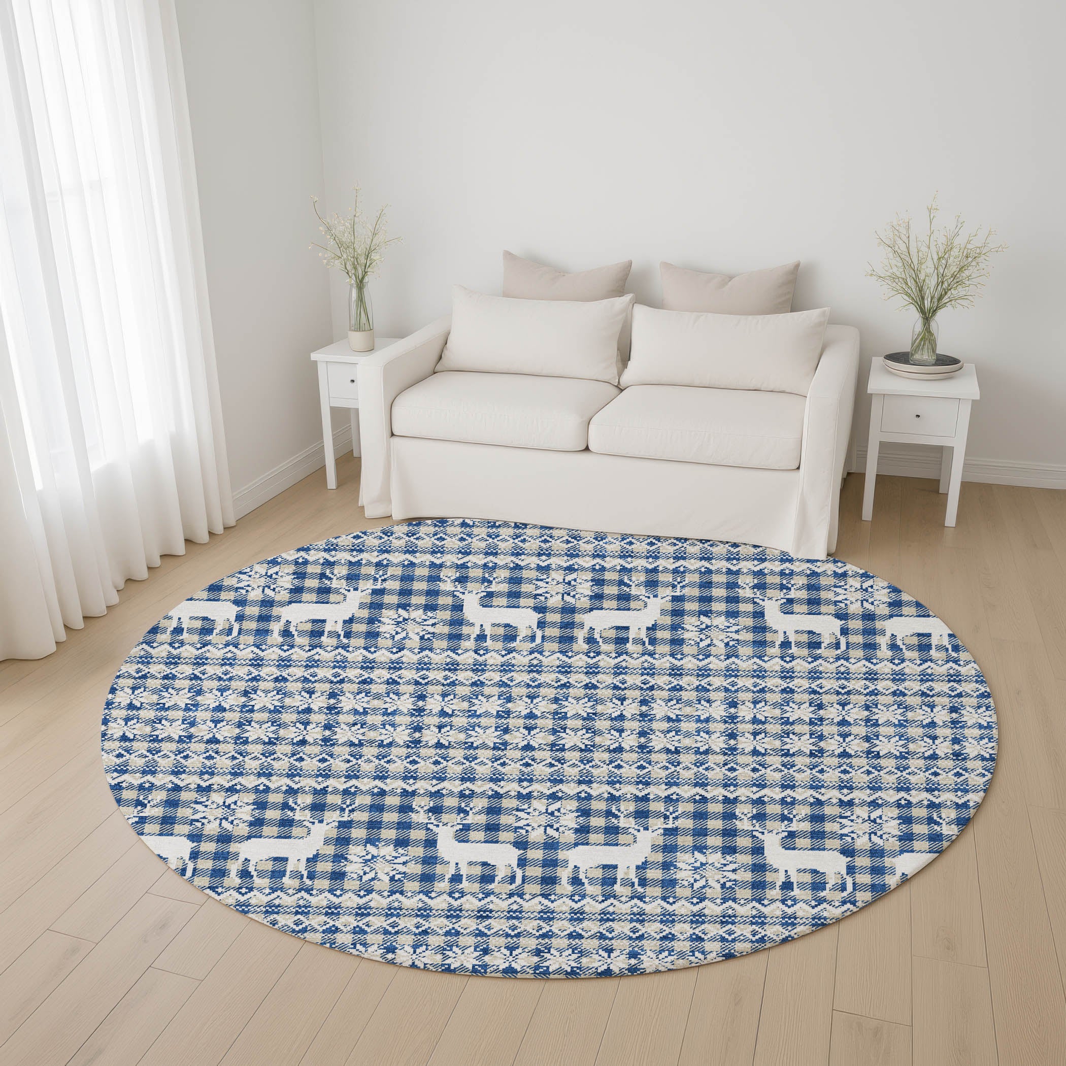 Baku Machine Washable Transitional Navy Blue Rug 8' x 8' #shape_Round