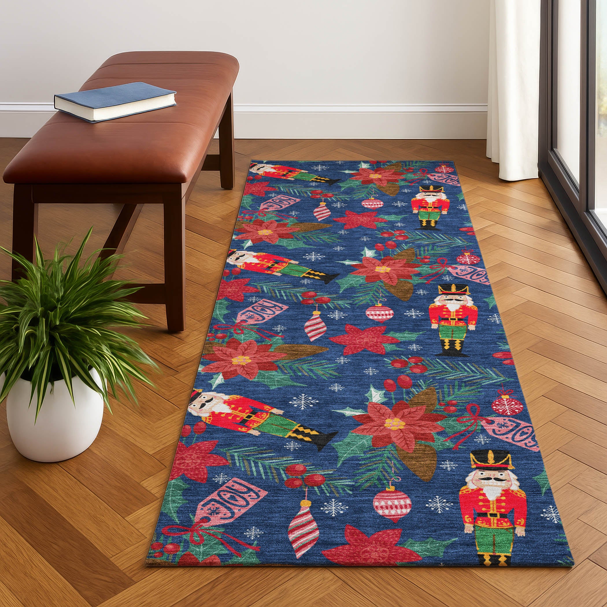 Mostar Machine Washable Transitional Navy Blue Rug 2'3" x 7'6" #shape_Runner