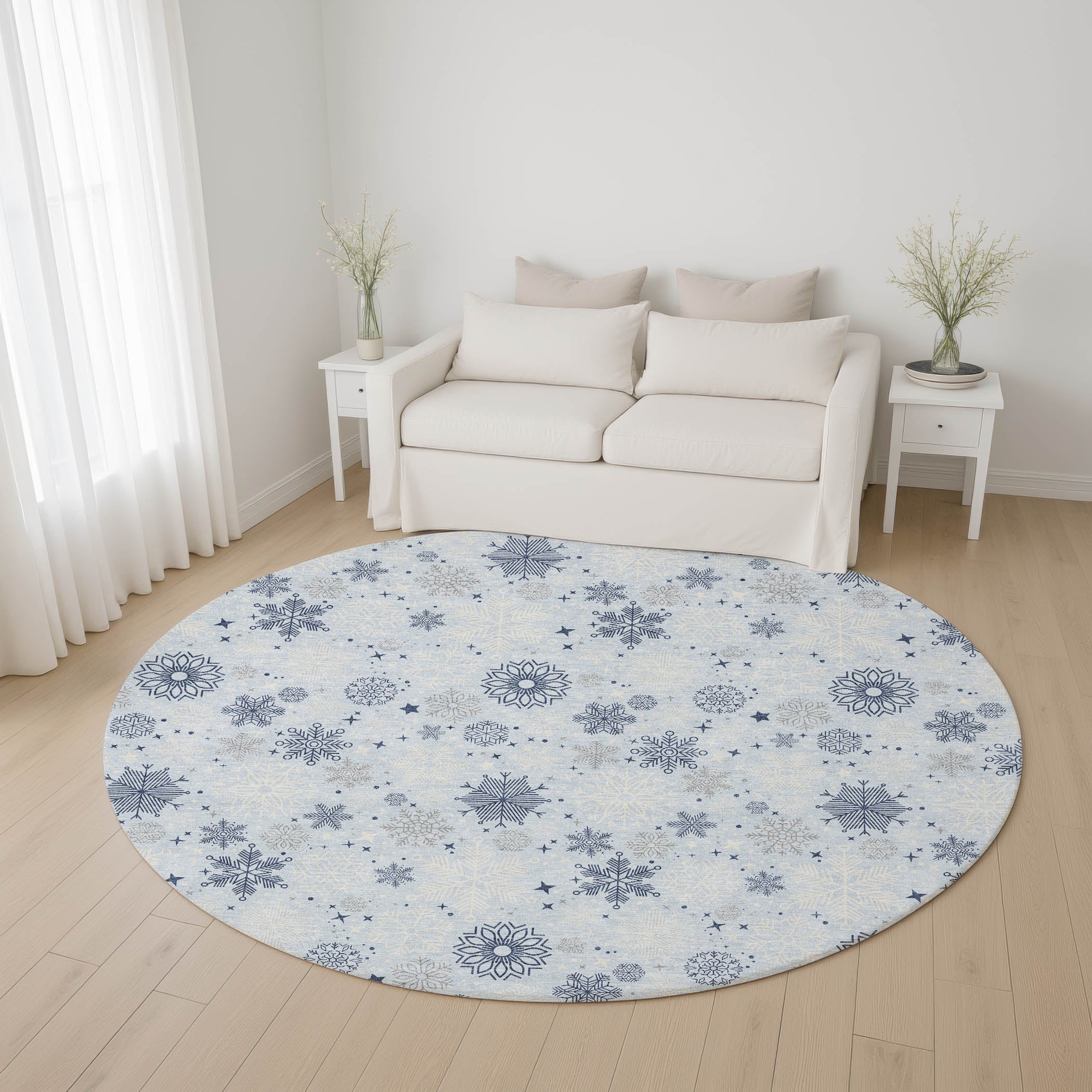 Reykjavik Machine Washable Transitional Sky Blue Rug 8' x 8' #shape_Round