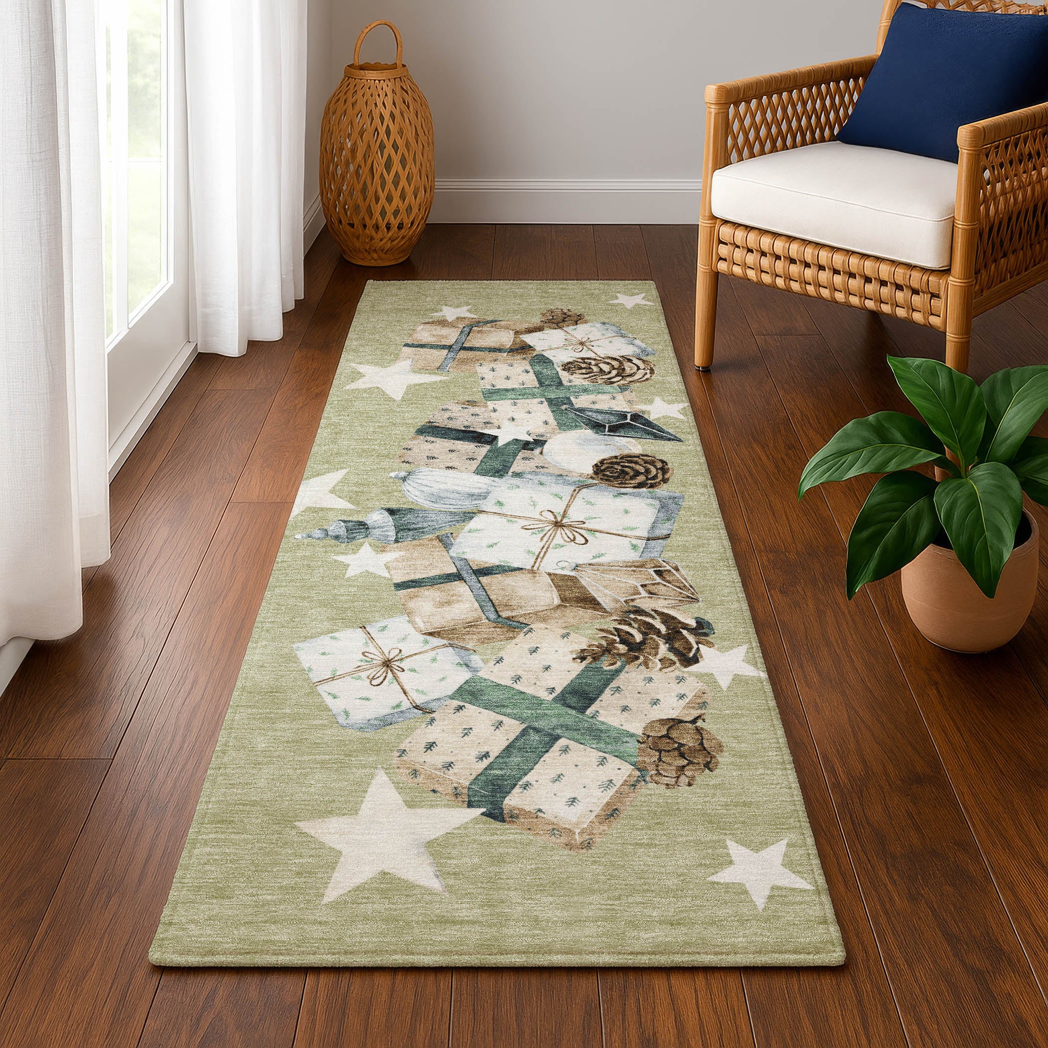 Oaxaca Machine Washable Transitional Aloe Green Rug 2'3" x 7'6" #shape_Runner