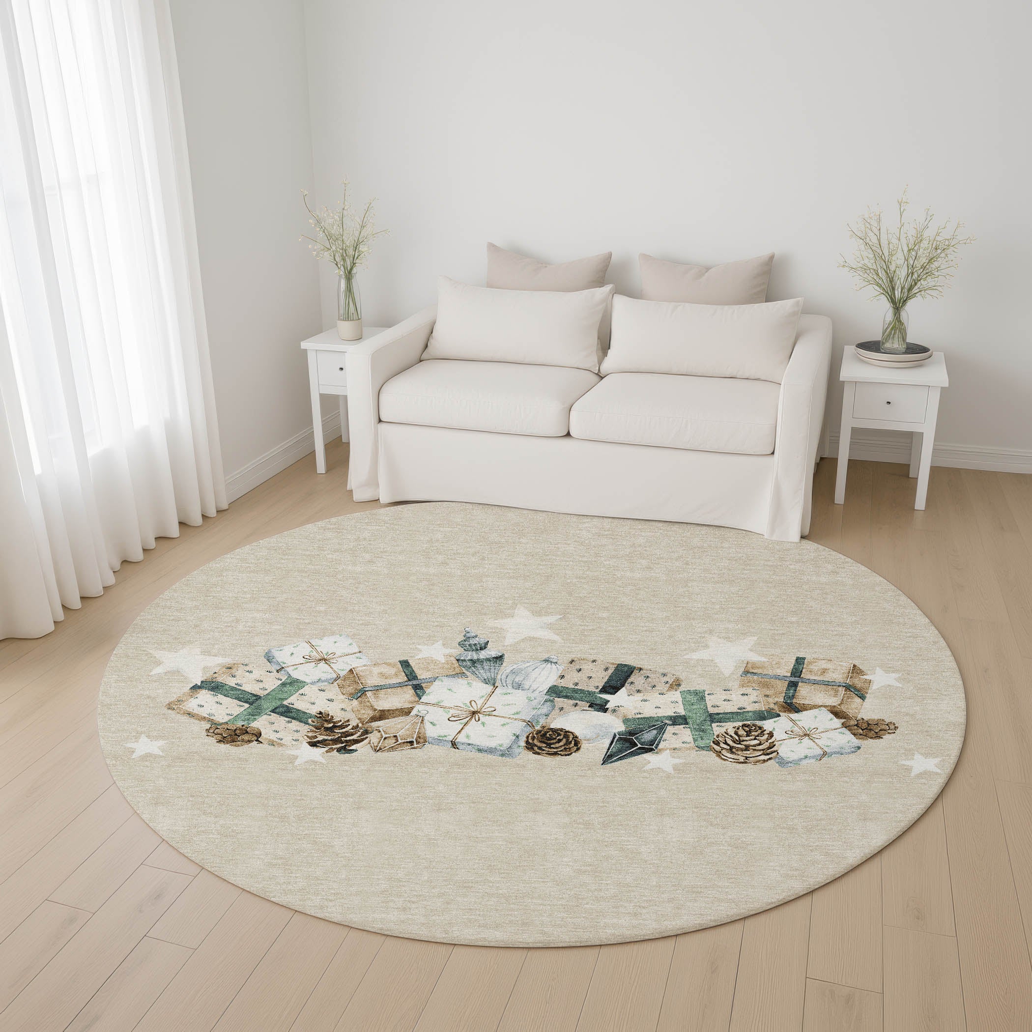 Oaxaca Machine Washable Transitional Beige Brown Rug 8' x 8' #shape_Round