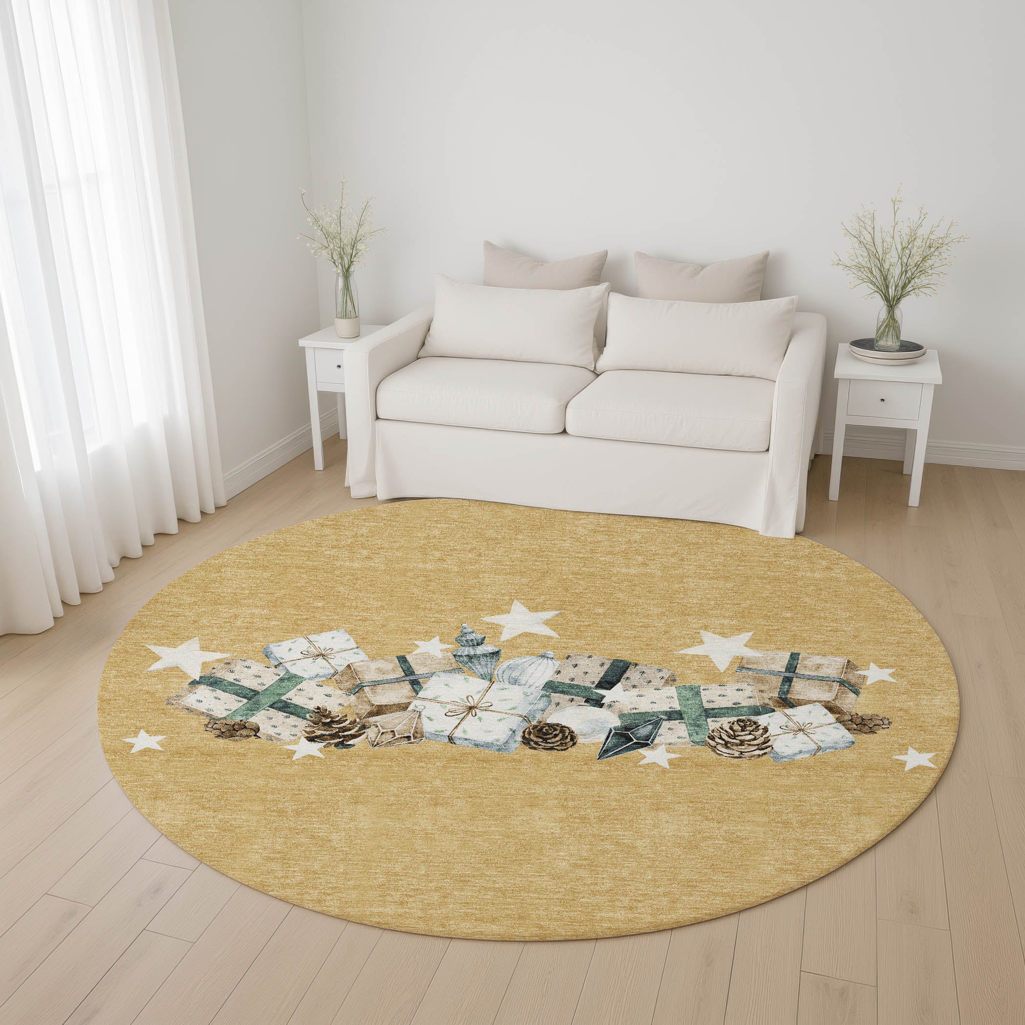 Oaxaca Machine Washable Transitional Gold Rug 8' x 8' #shape_Round