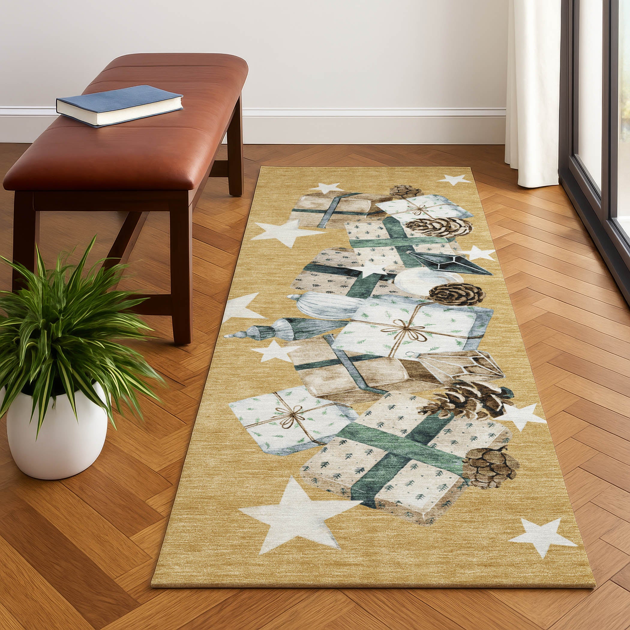 Oaxaca Machine Washable Transitional Gold Rug 2'3" x 7'6" #shape_Runner