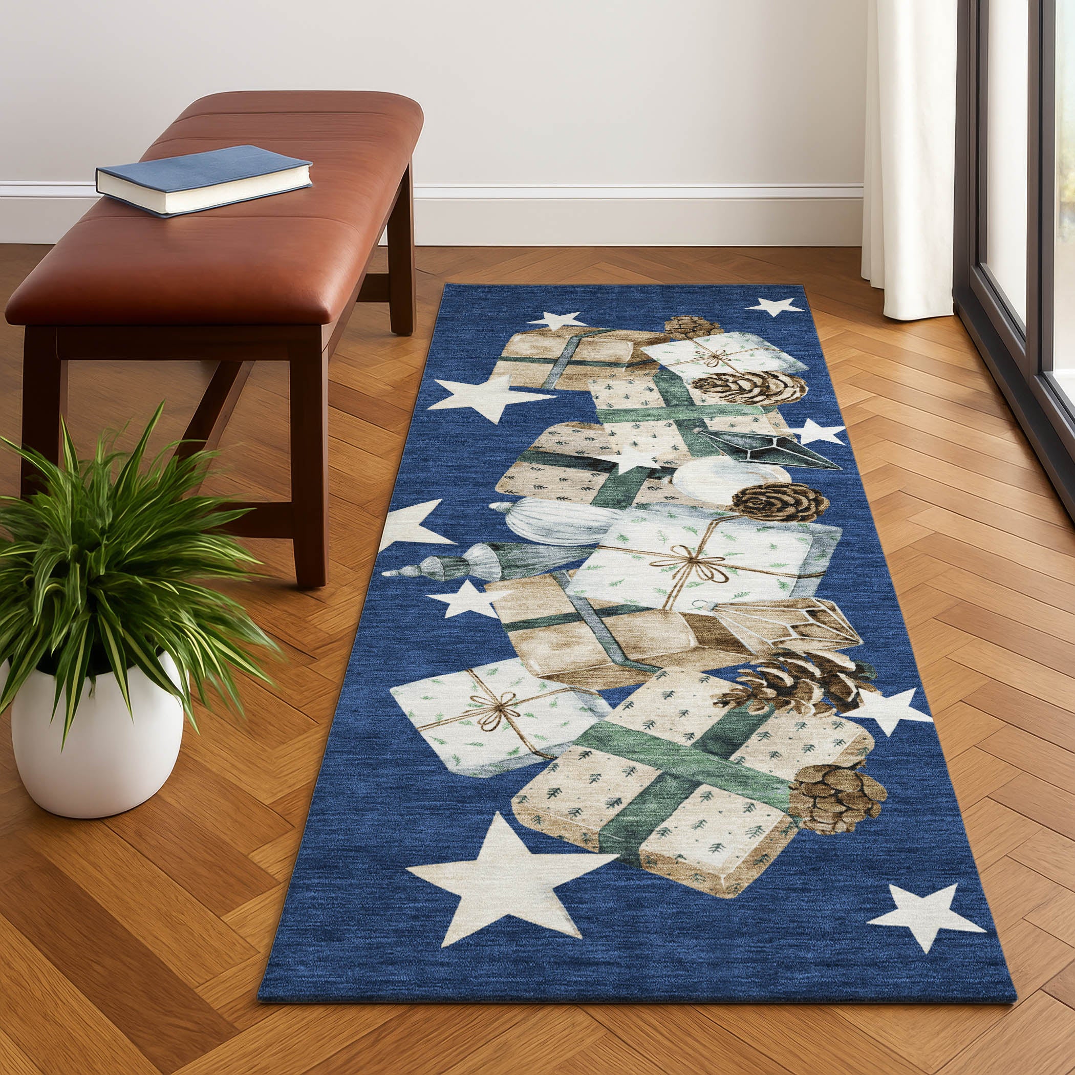 Oaxaca Machine Washable Transitional Navy Blue Rug 2'3" x 7'6" #shape_Runner