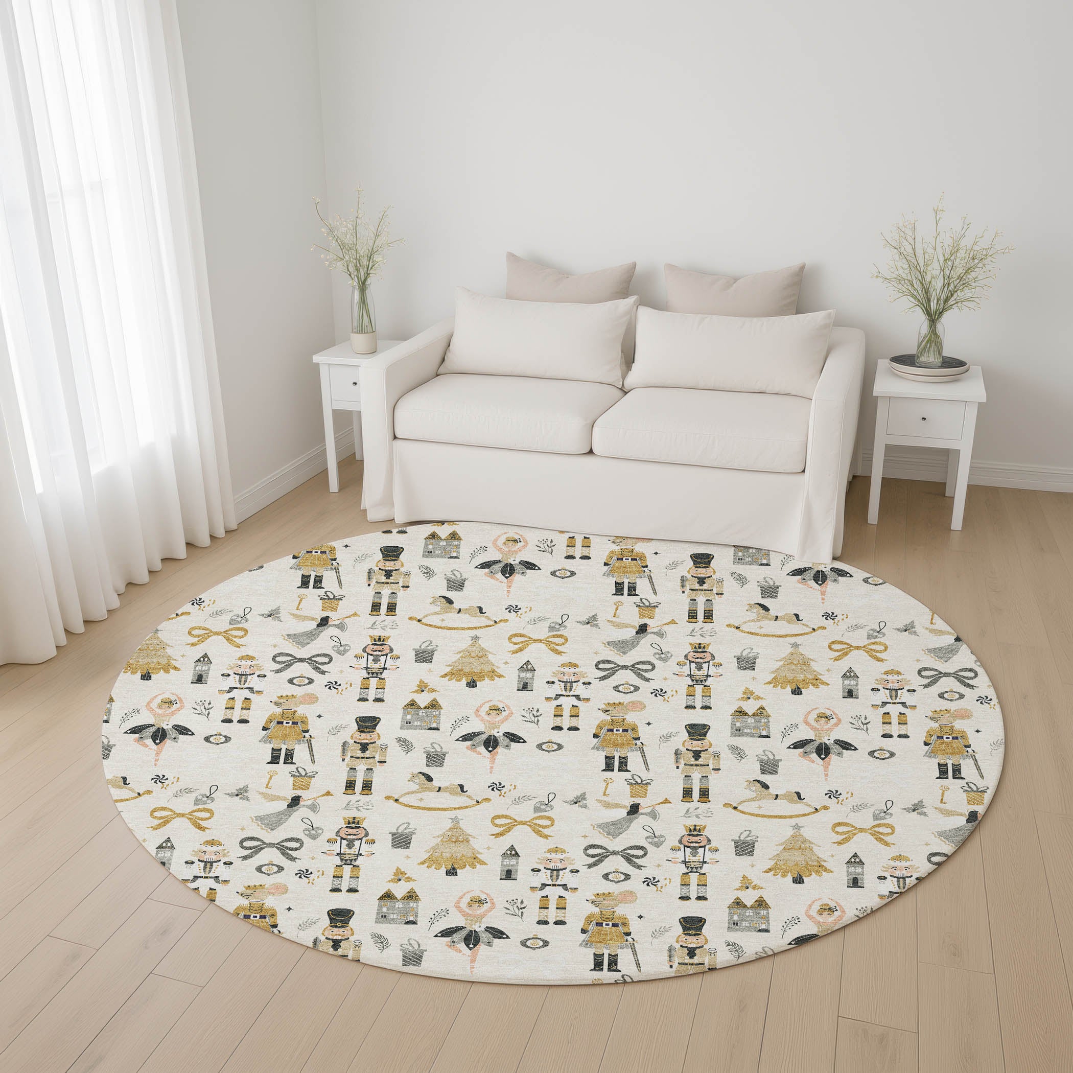 Antigua Machine Washable Transitional Ivory Rug 8' x 8' #shape_Round