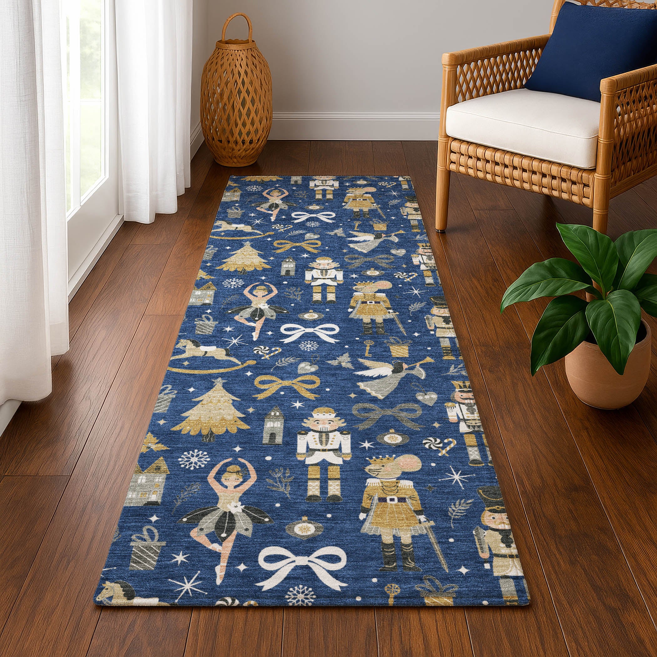Antigua Machine Washable Transitional Navy Blue Rug 2'3" x 7'6" #shape_Runner