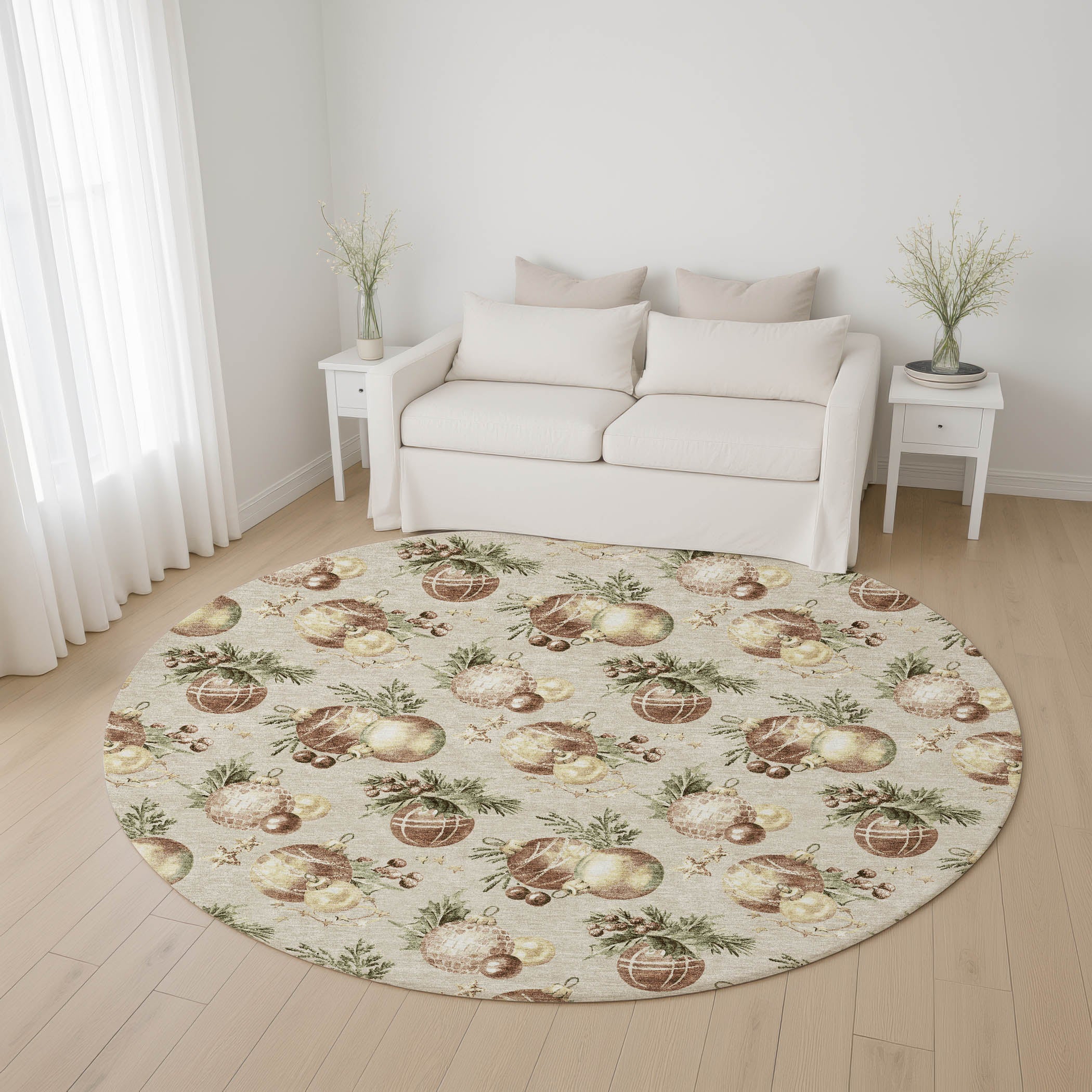 Athens Machine Washable Transitional Beige Brown Rug 8' x 8' #shape_Round
