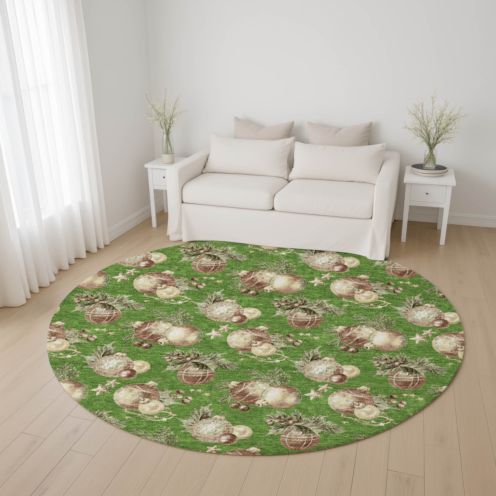 Athens Machine Washable Transitional Green Rug 8' x 8' #shape_Round