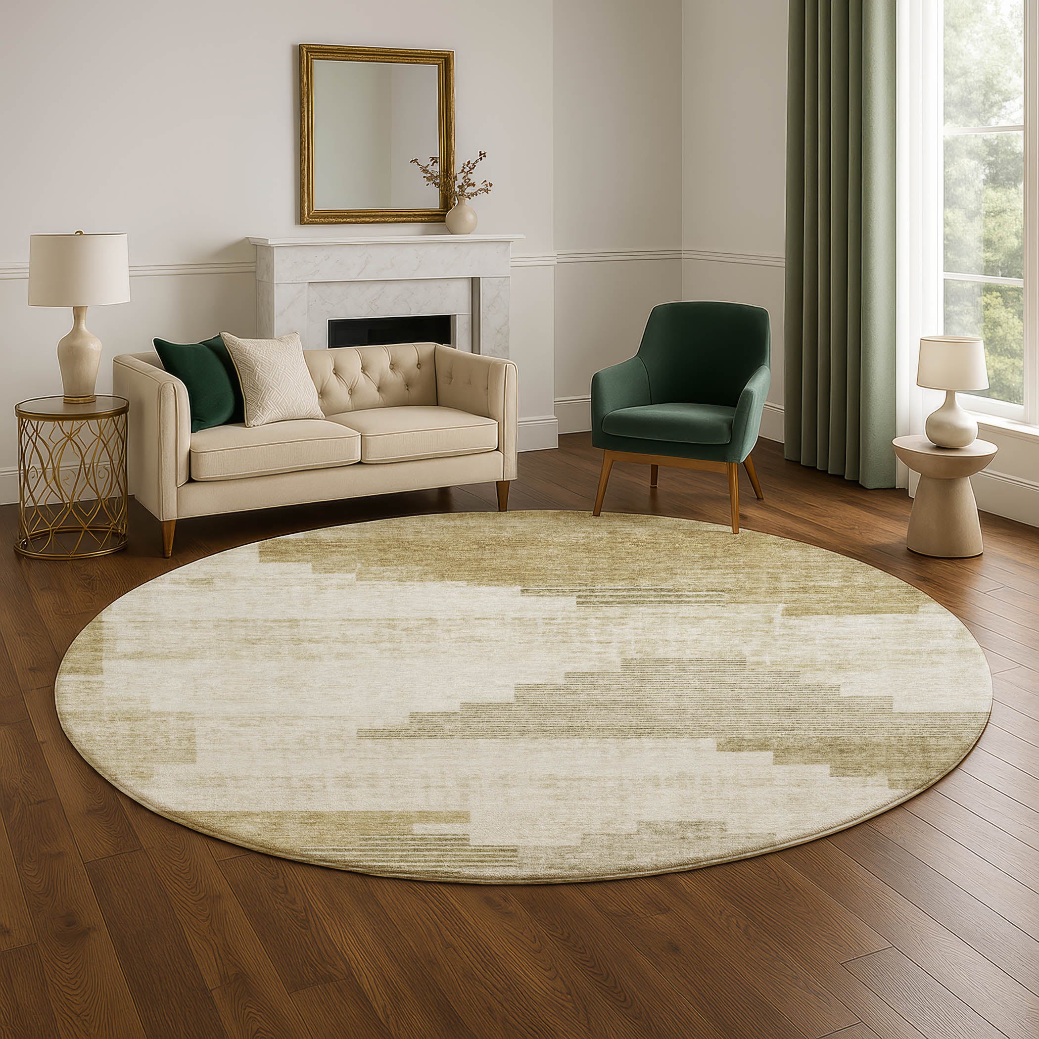 Havana Machine Washable Transitional Beige Brown Rug 8' x 8' #shape_Round