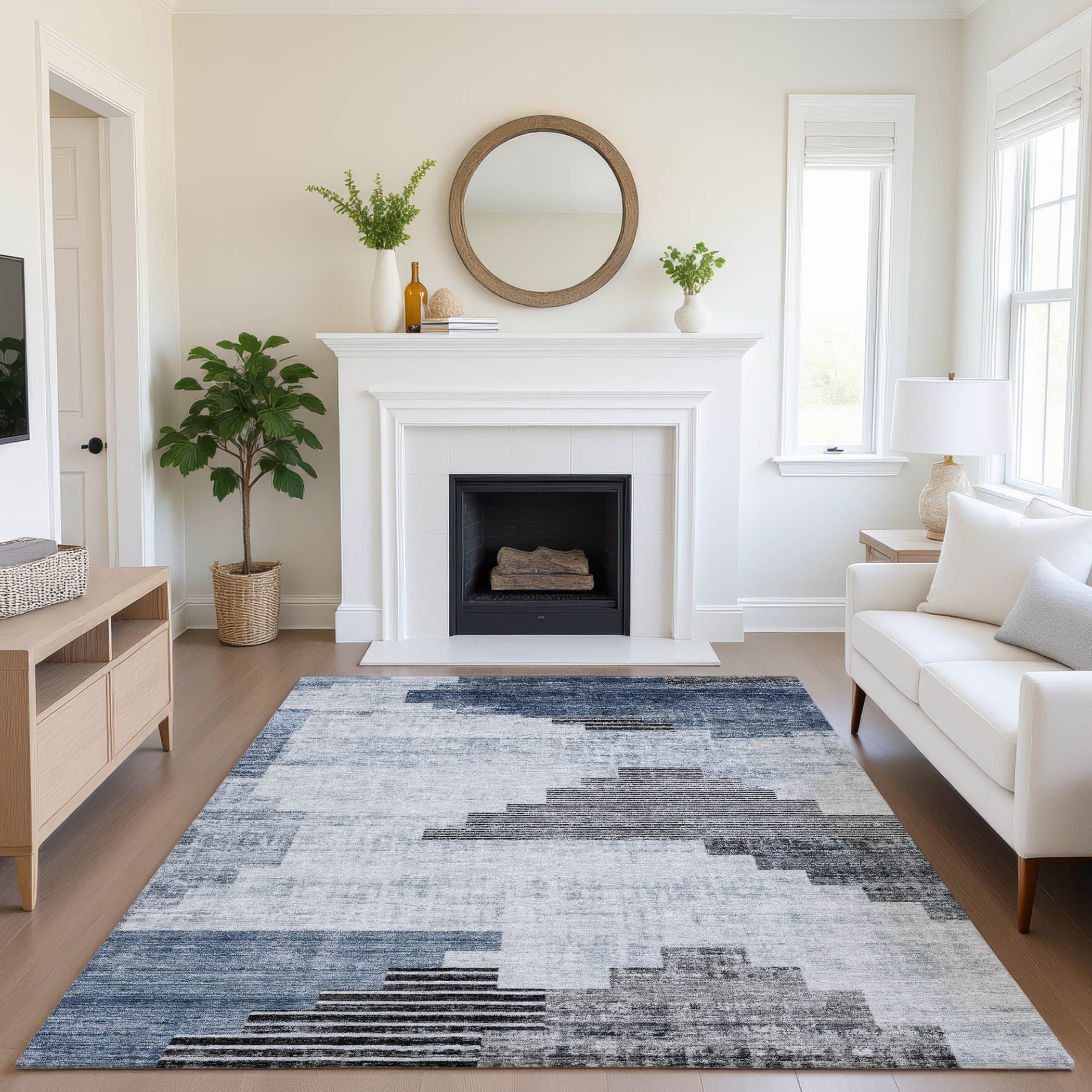 Havana Machine Washable Transitional Blue Rug 2'6" x 3'10" #shape_Rectangle
