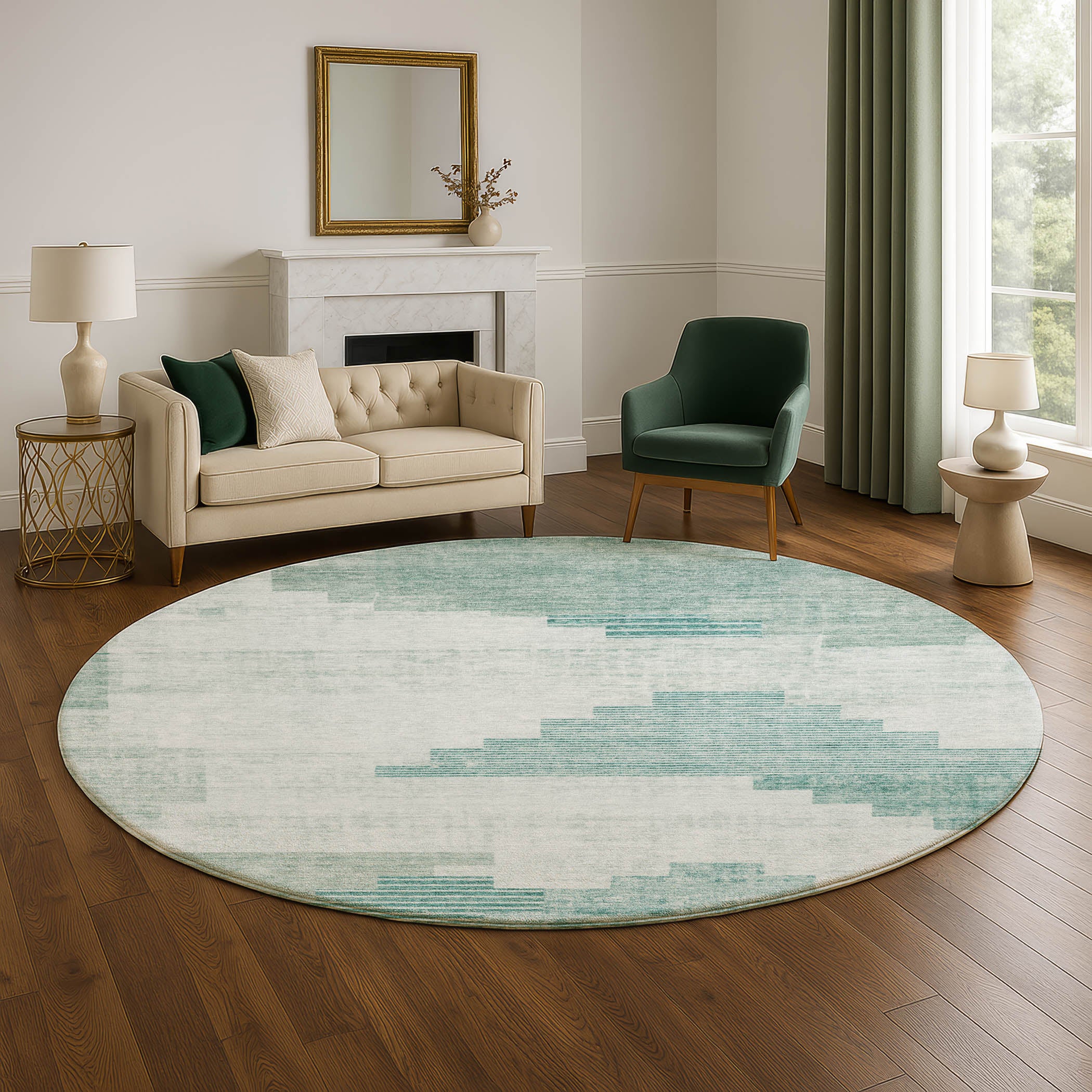 Havana Machine Washable Transitional Teal Rug 8' x 8' #shape_Round