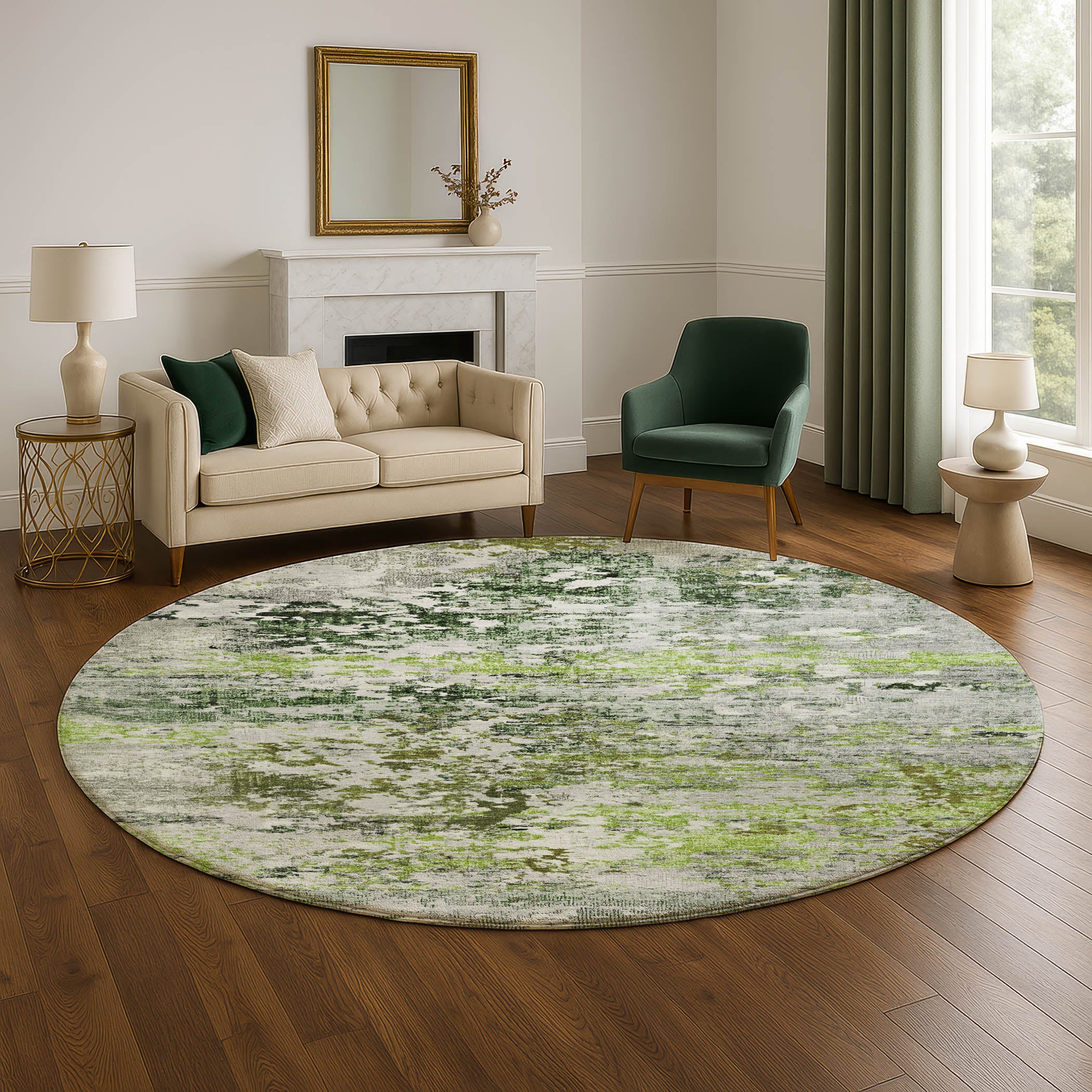 Tbilisi Machine Washable Transitional Aloe Green Rug 8' x 8' #shape_Round