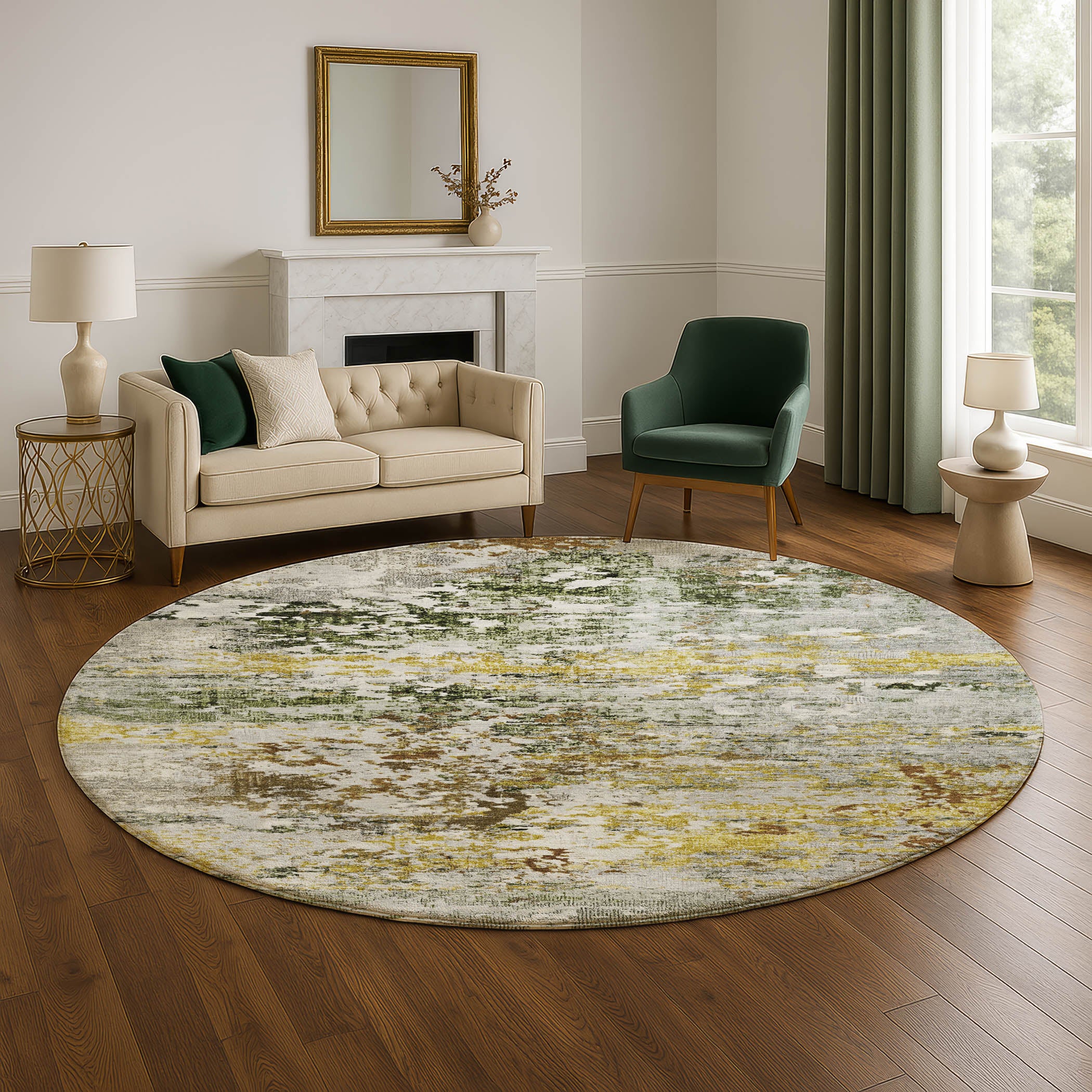 Tbilisi Machine Washable Transitional Gold Rug 8' x 8' #shape_Round