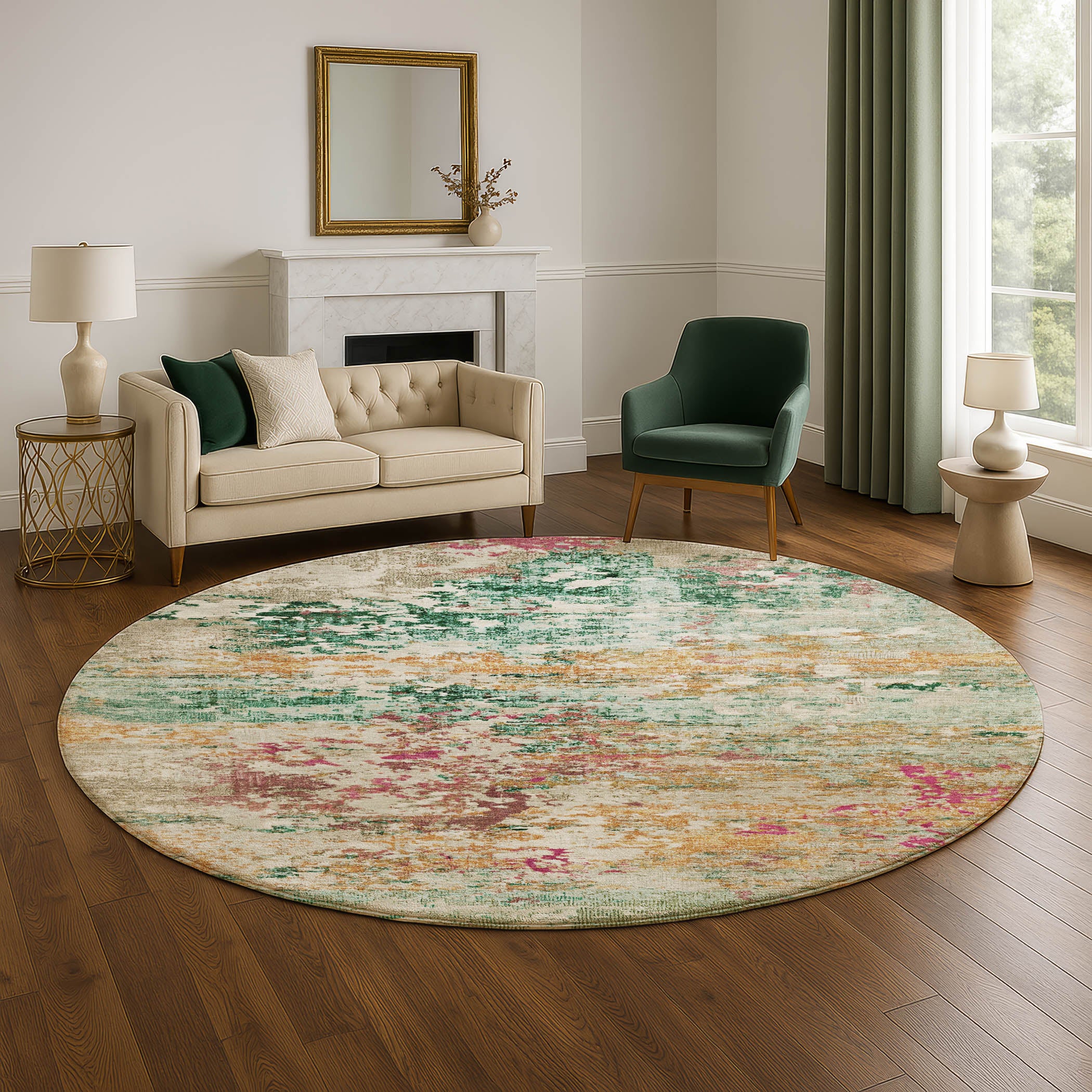 Tbilisi Machine Washable Transitional Orange Rug 8' x 8' #shape_Round