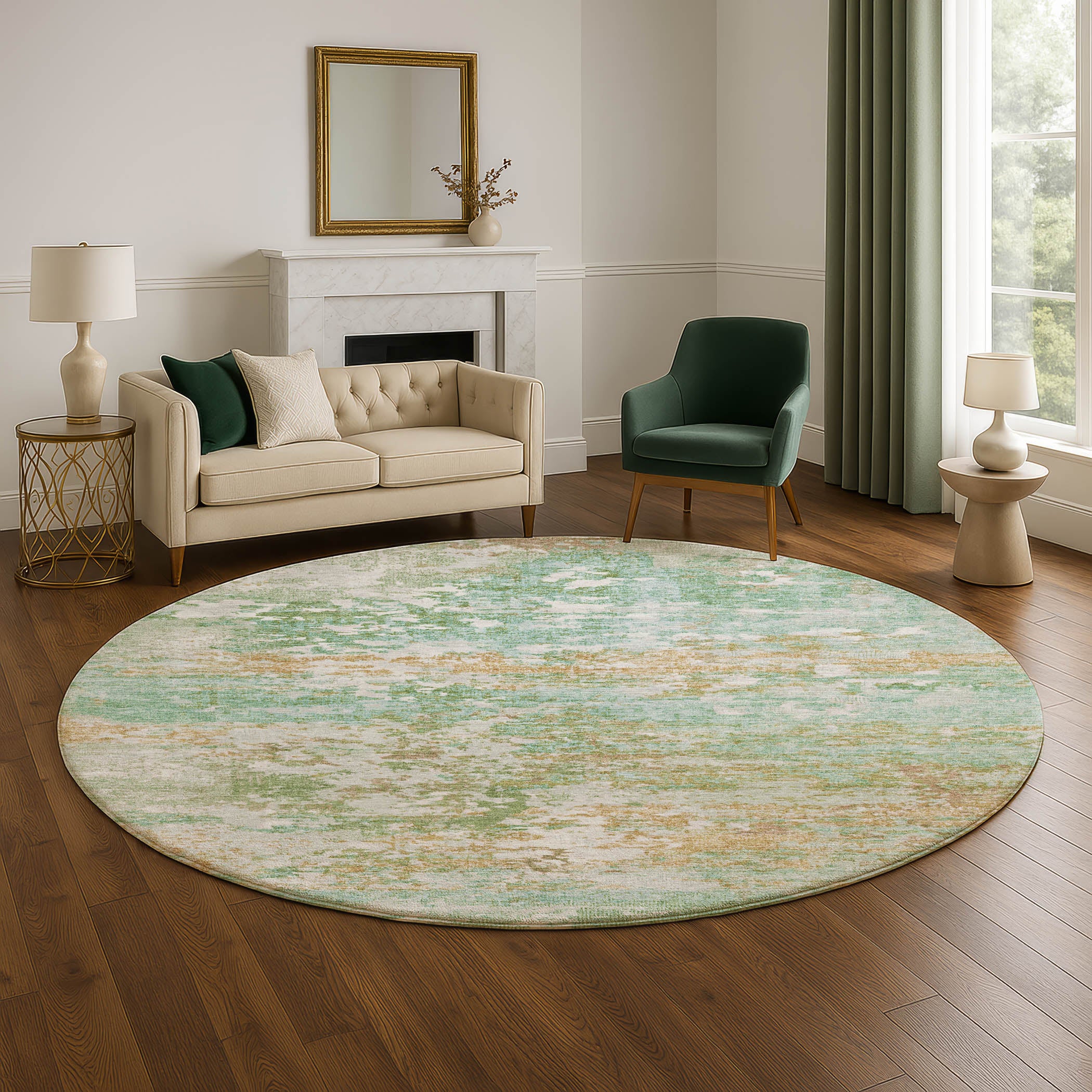 Tbilisi Machine Washable Transitional Teal Rug 8' x 8' #shape_Round