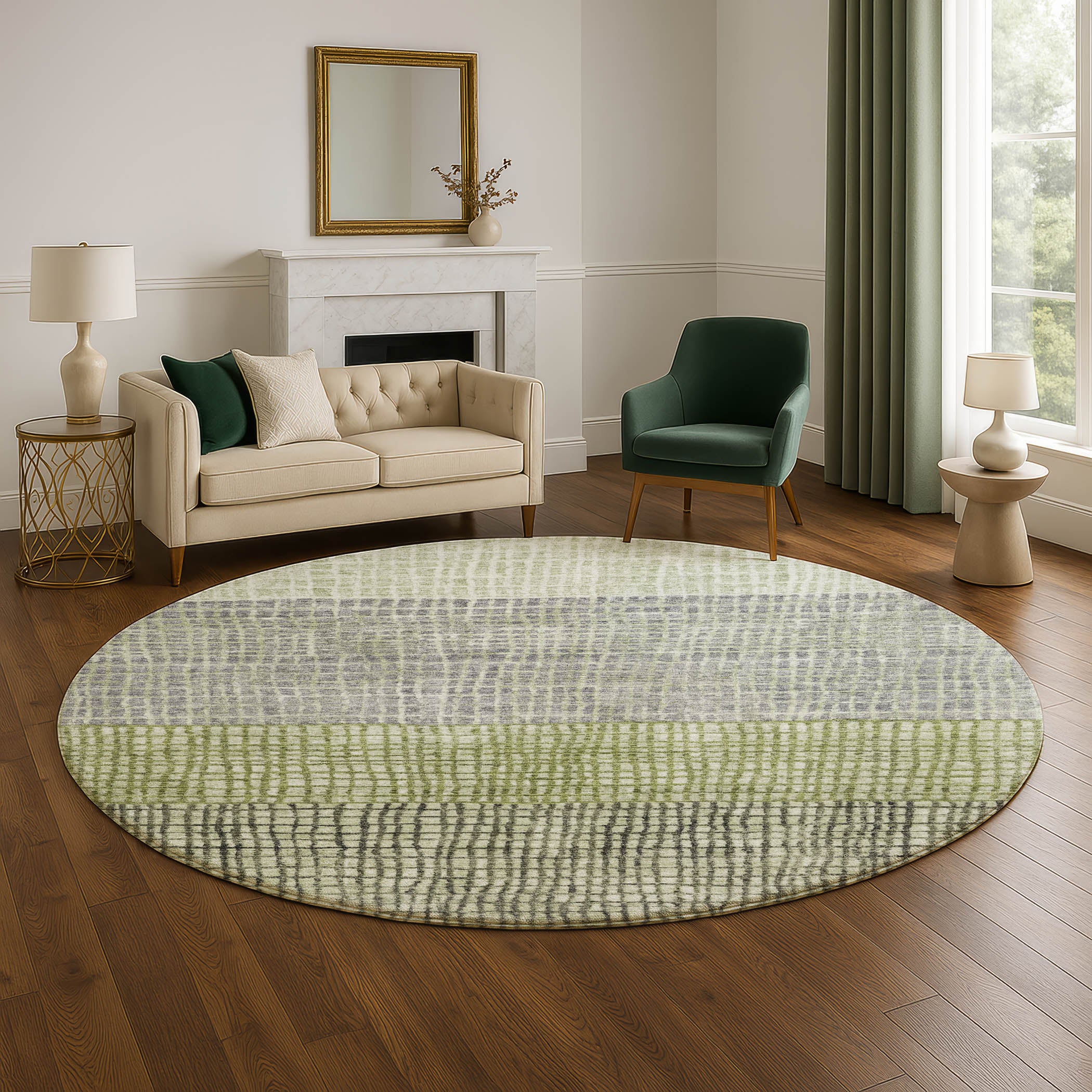 Seville Machine Washable Transitional Aloe Green Rug 8' x 8' #shape_Round