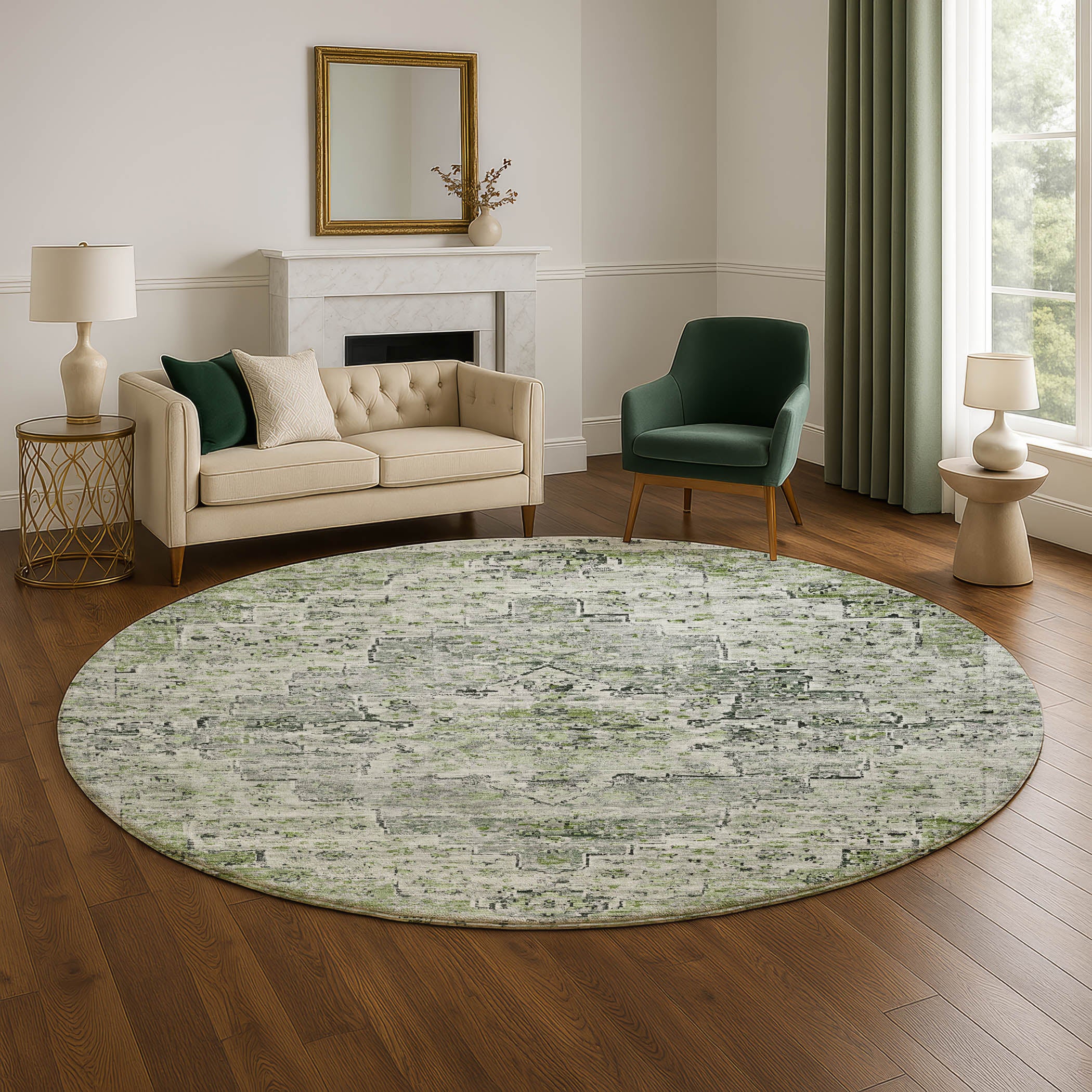 Havana Machine Washable Traditional Aloe Green Rug 8' x 8' #shape_Round