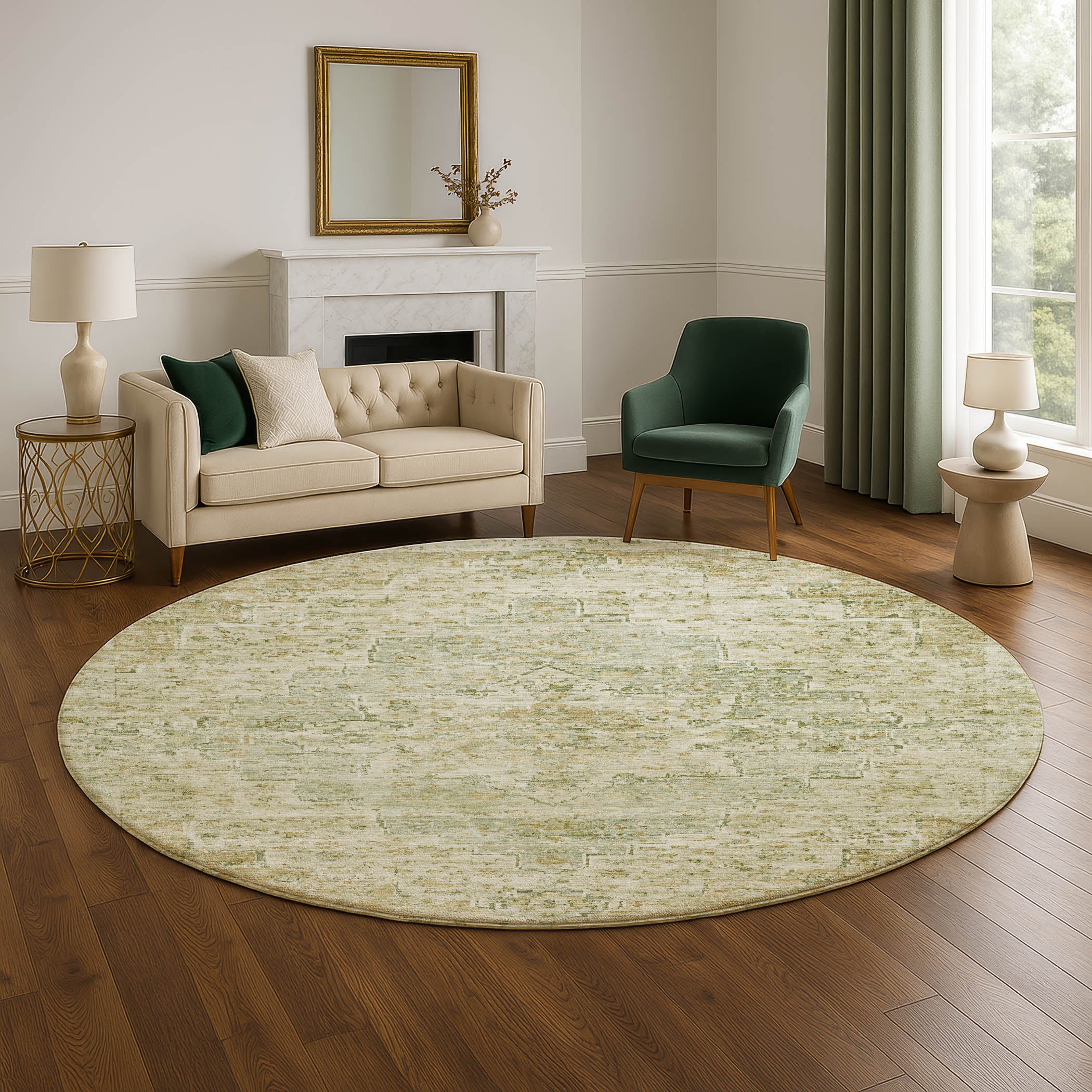 Havana Machine Washable Traditional Sage Green Rug 8' x 8' #shape_Round