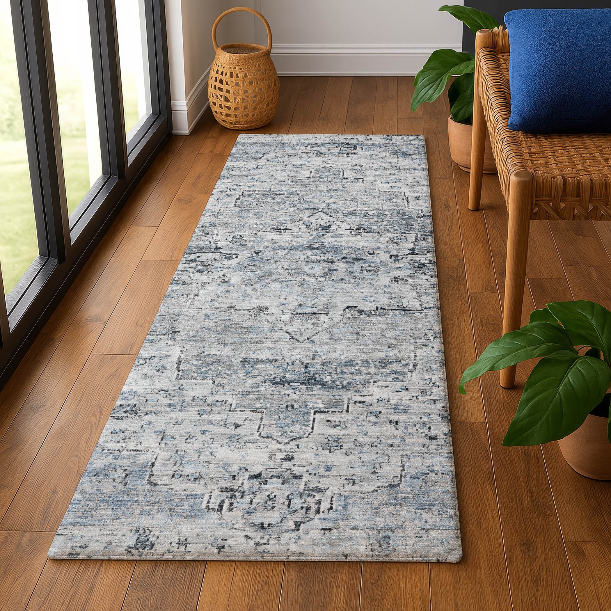 Havana Machine Washable Traditional Sky Blue Rug 2'3" x 7'6" #shape_Runner