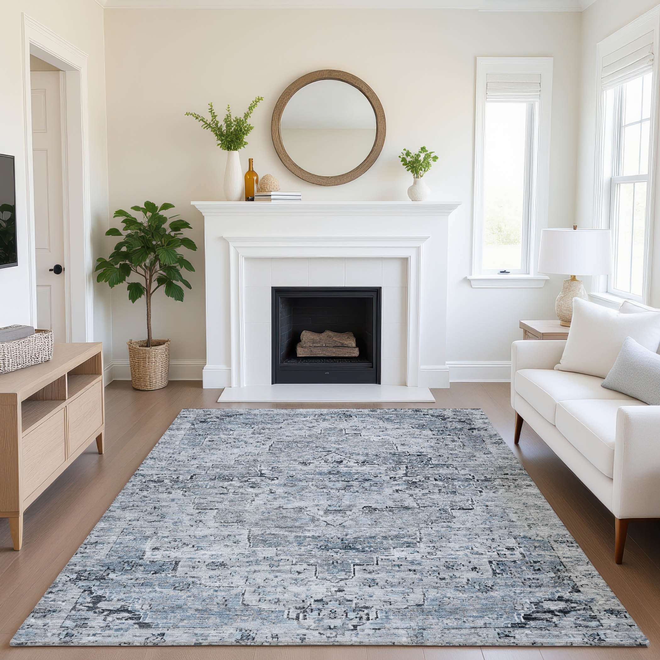 Havana Machine Washable Traditional Sky Blue Rug 2'6" x 3'10" #shape_Rectangle