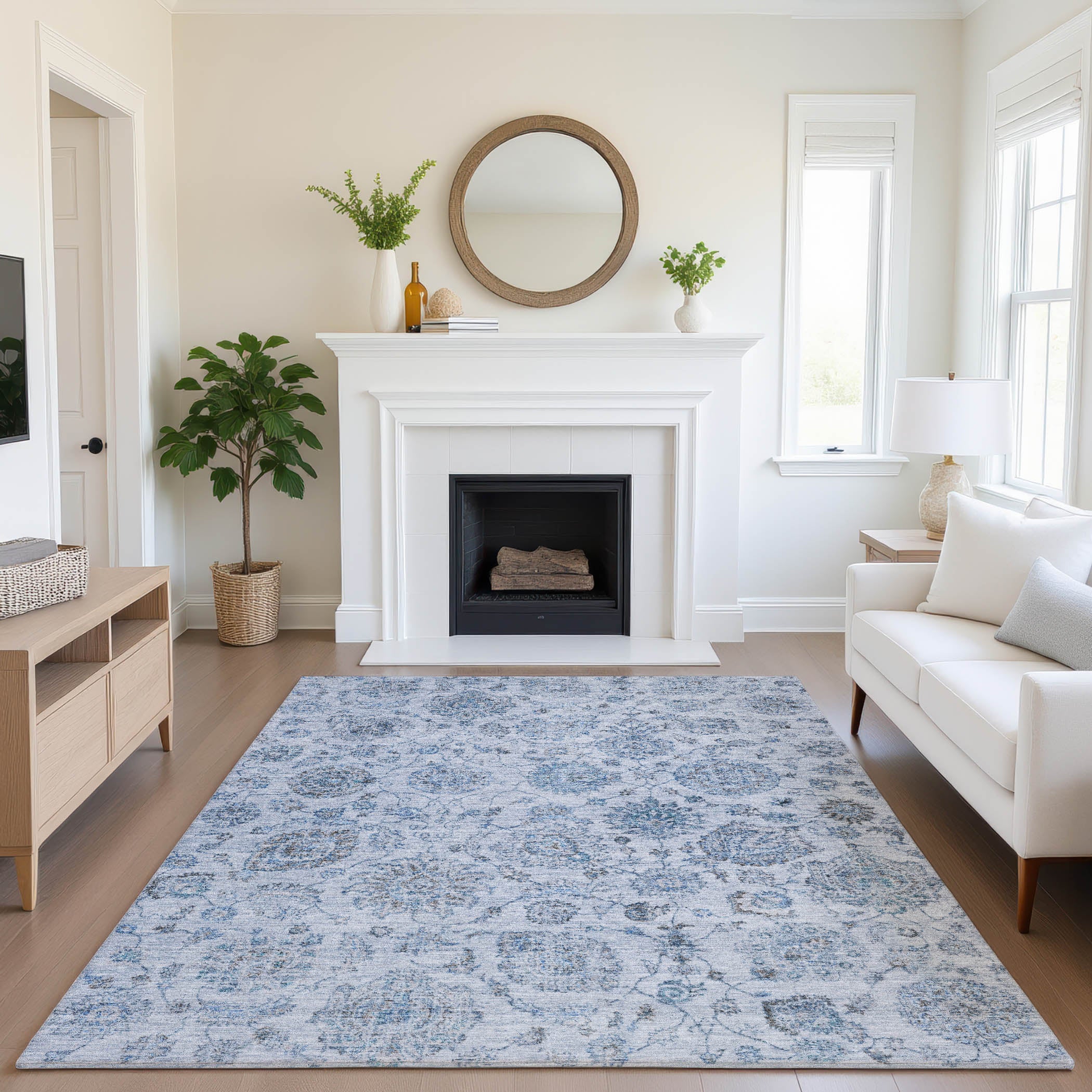 Oslo Machine Washable Transitional Blue Rug 2'6" x 3'10" #shape_Rectangle