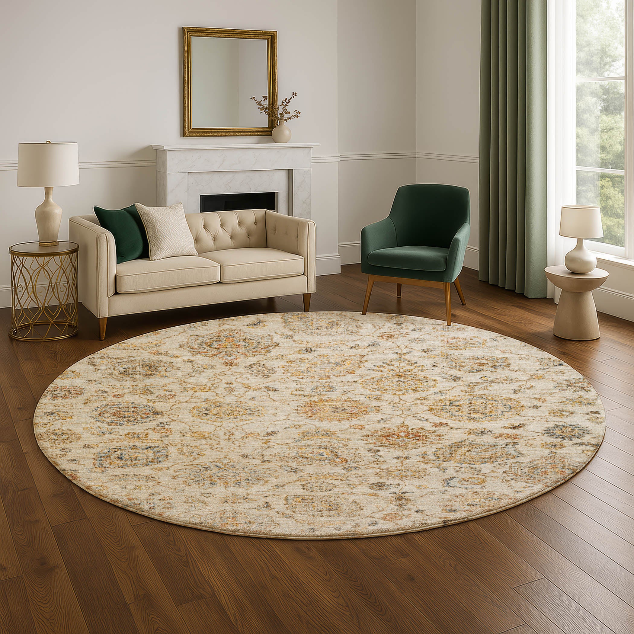 Oslo Machine Washable Transitional Linen Ivory Rug 8' x 8' #shape_Round
