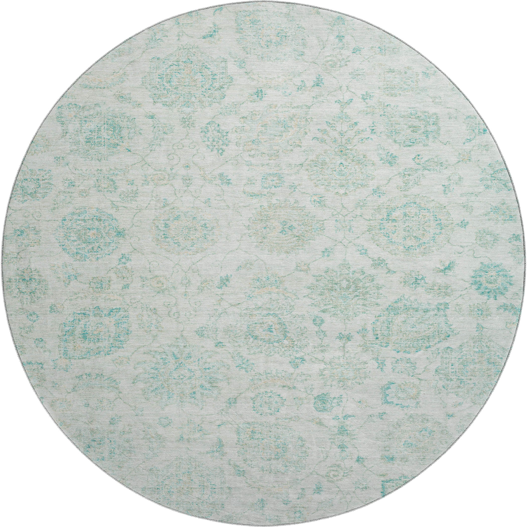 Oslo Machine Washable Transitional Turquoise Teal Rug 8' x 8' #shape_Round