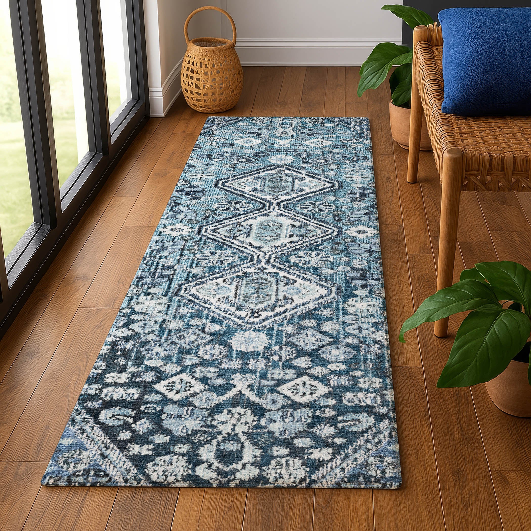 Chiang Mai Machine Washable Transitional Blue Rug 2'3" x 7'6" #shape_Runner