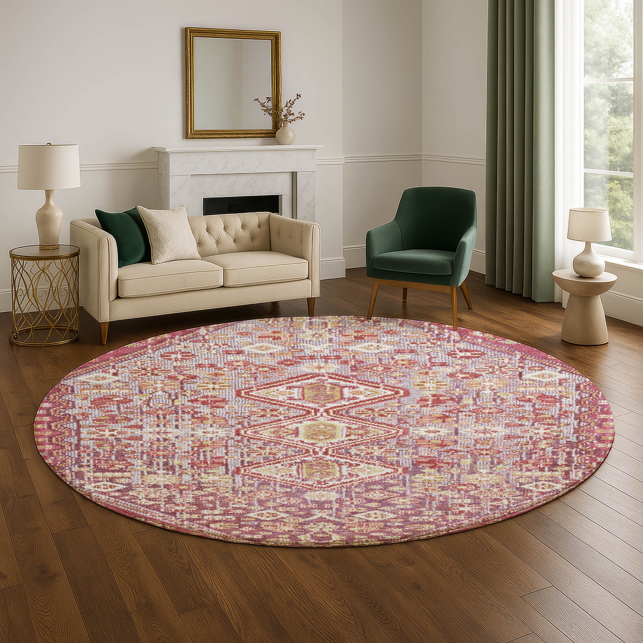 Chiang Mai Machine Washable Transitional Merlot Red Rug 8' x 8' #shape_Round